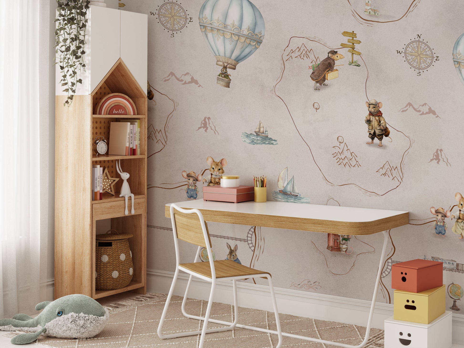 Illustrated world map wallpaper for kids' rooms
