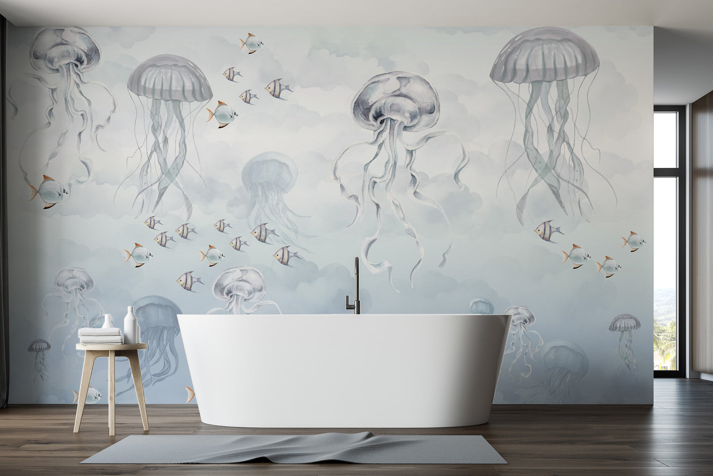 Jellyfish and fish wallpaper with dreamy watercolor style
