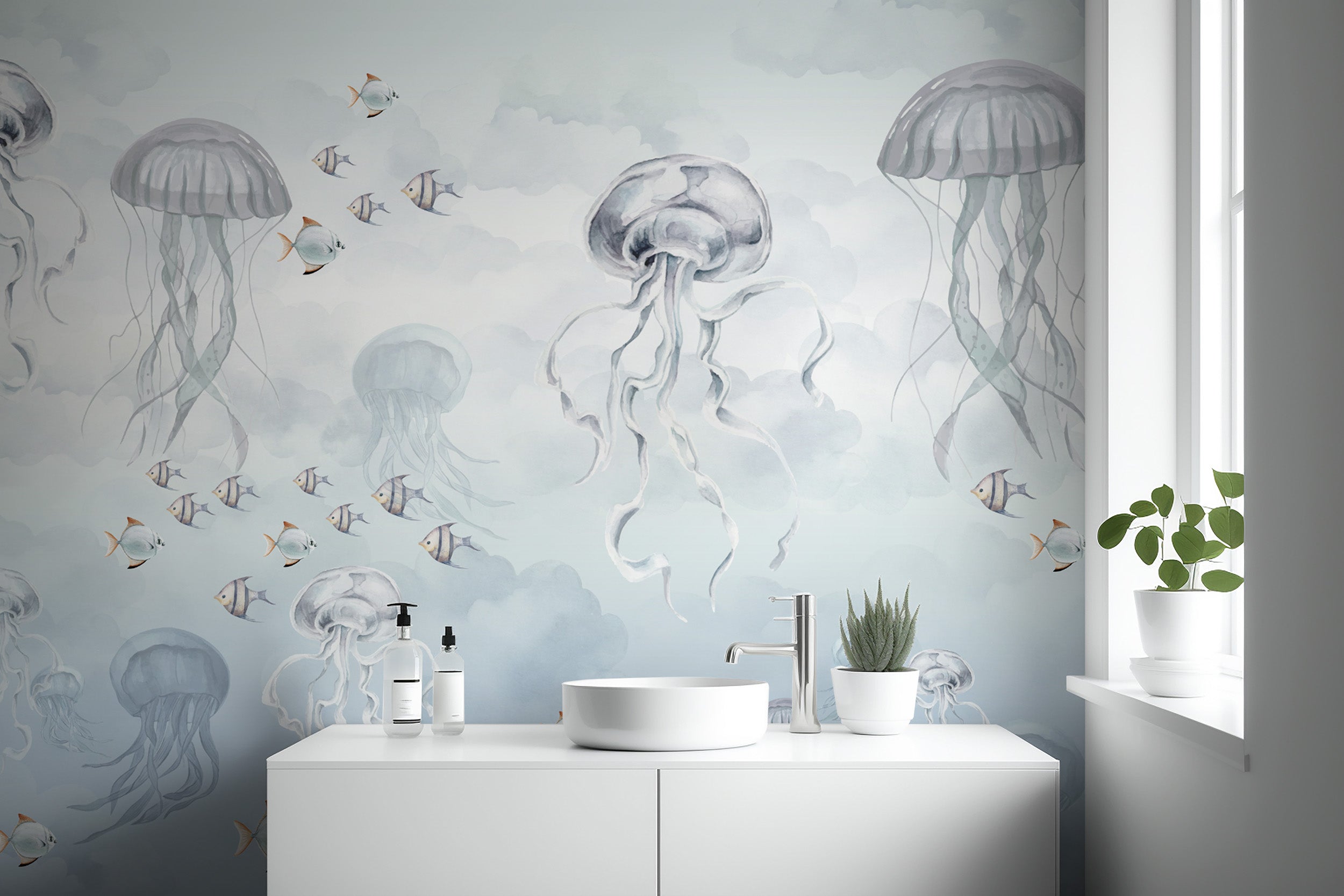 Aquatic nature wallpaper with floating jellyfish and fish
