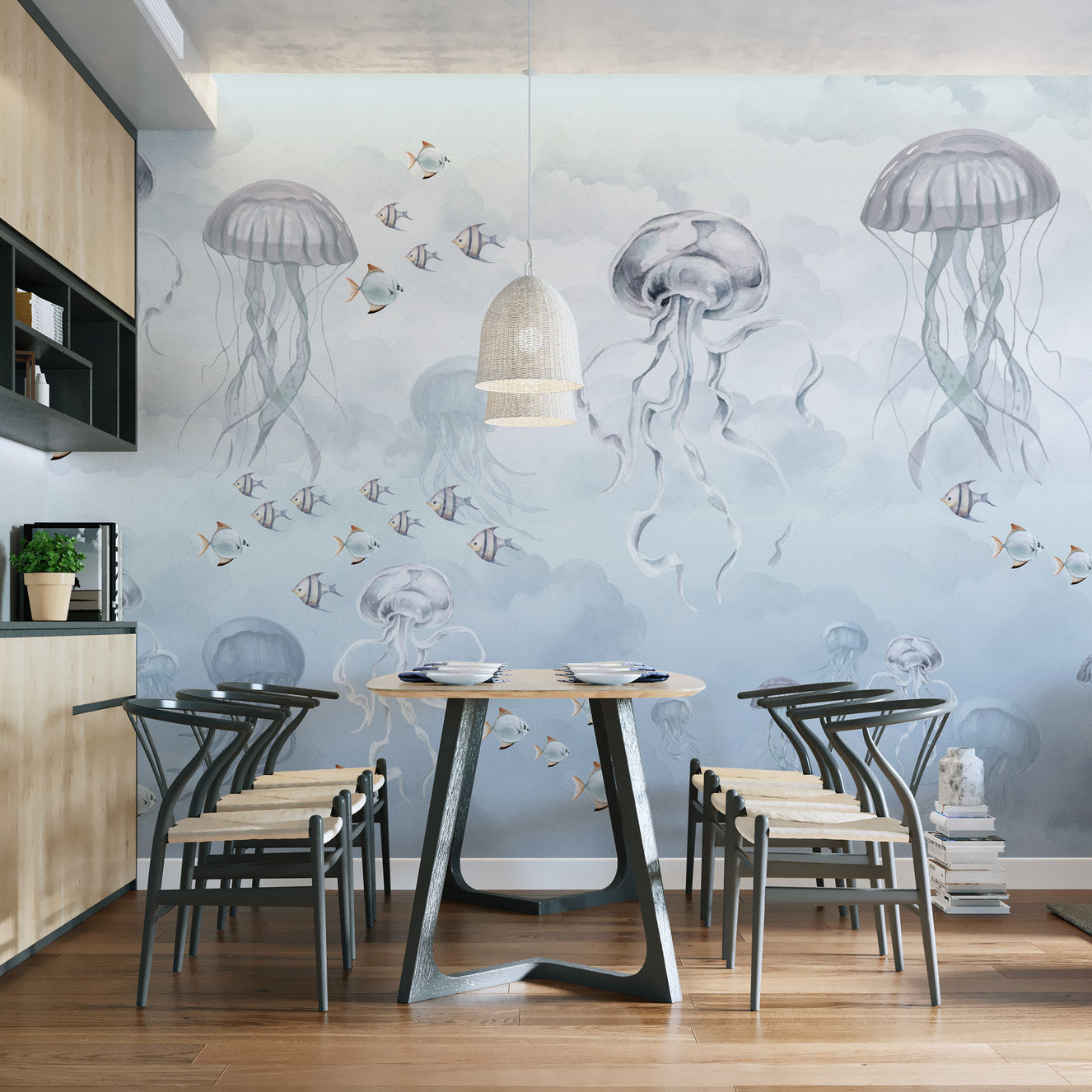 Watercolor Jellyfish Ocean Wallpaper with soft blue hues
