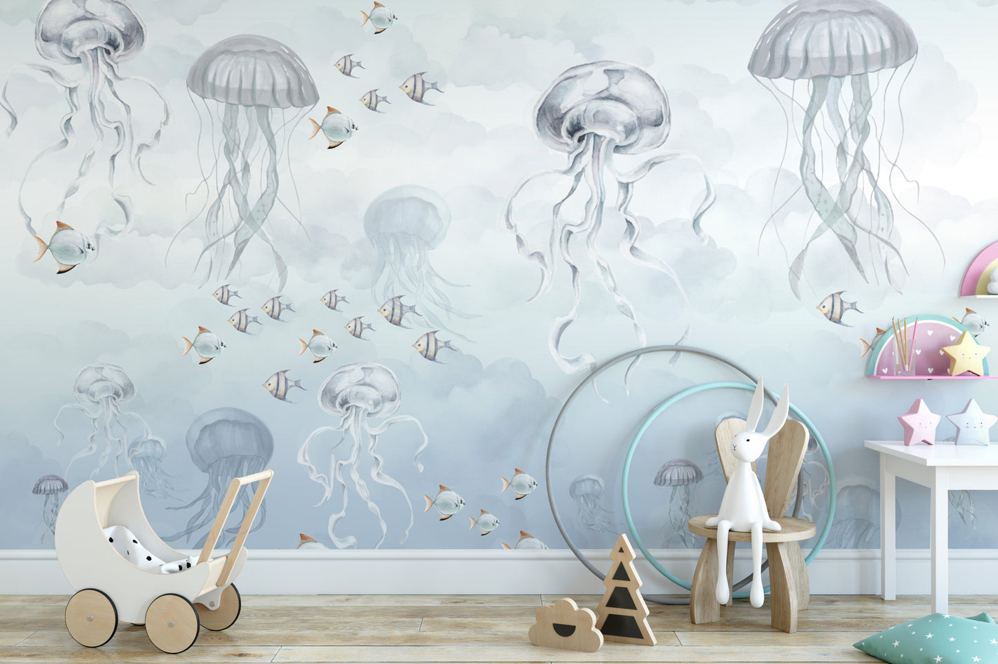 Marine life wall mural featuring floating jellyfish
