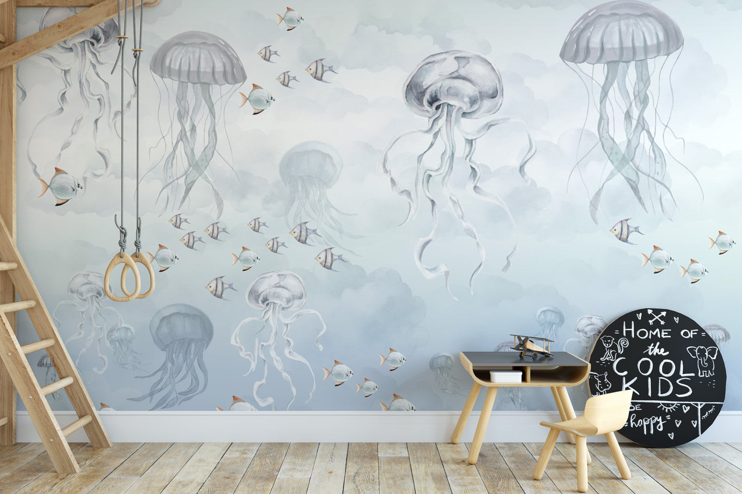 Soft blue marine wallpaper with watercolor jellyfish
