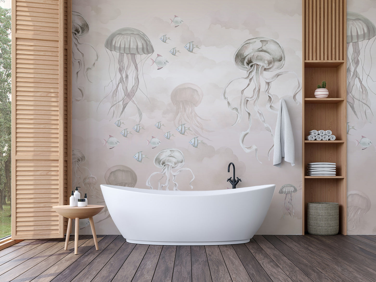 Beige underwater wallpaper with marine life elegance
