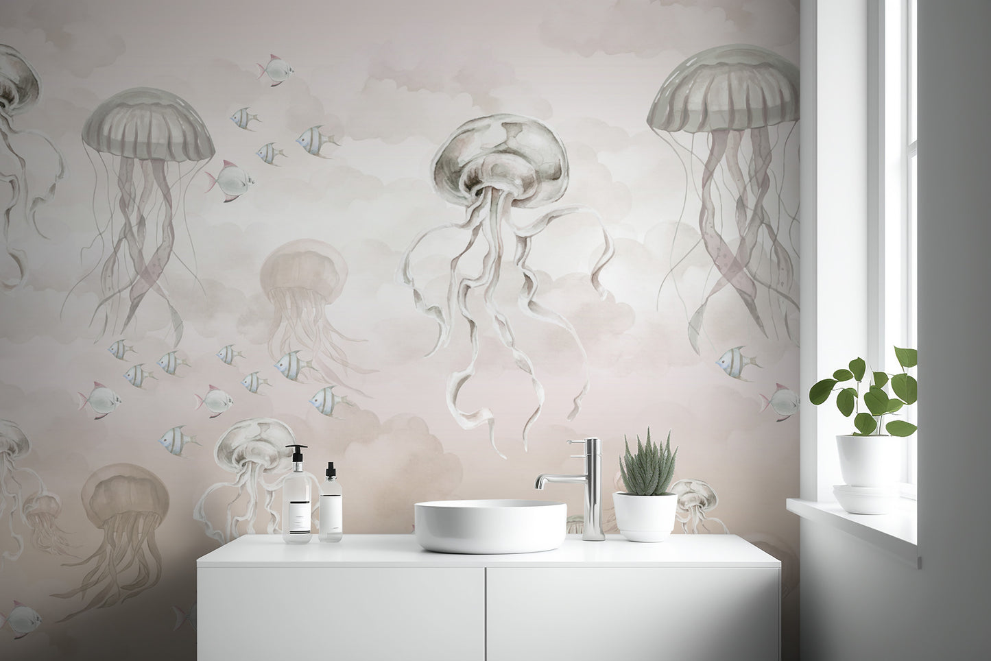 Serene ocean wallpaper mural with floating jellyfish
