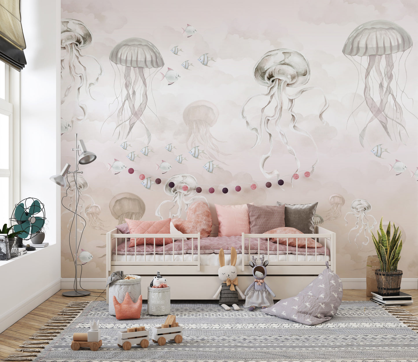 Soft underwater wallpaper with delicate jellyfish design
