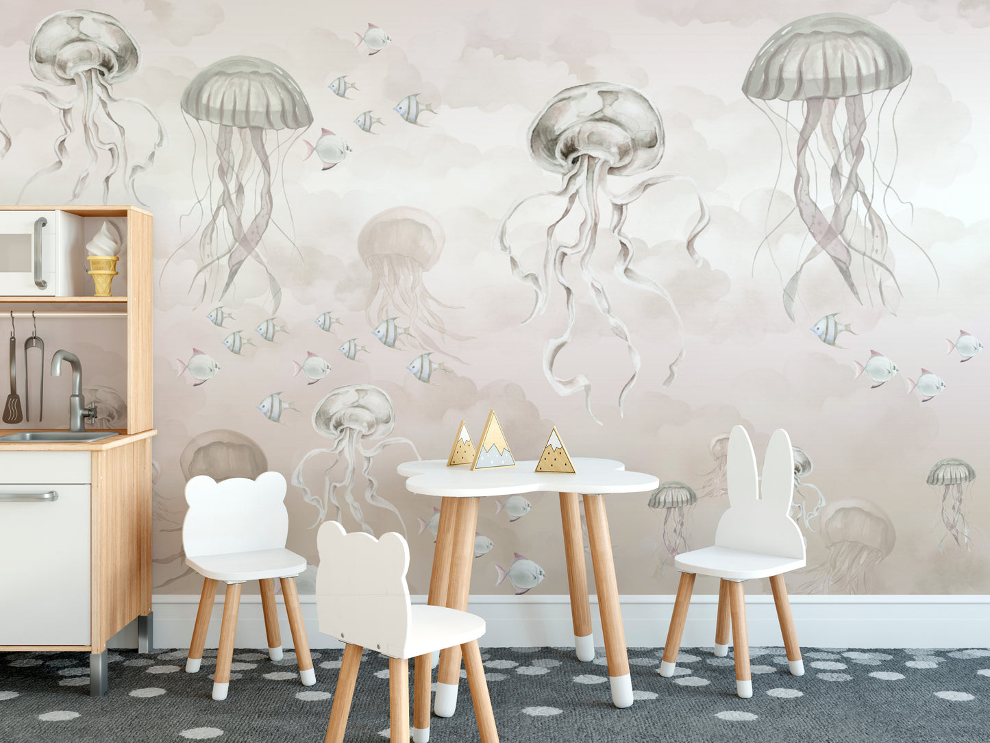 Neutral sea-themed wallpaper with watercolor details
