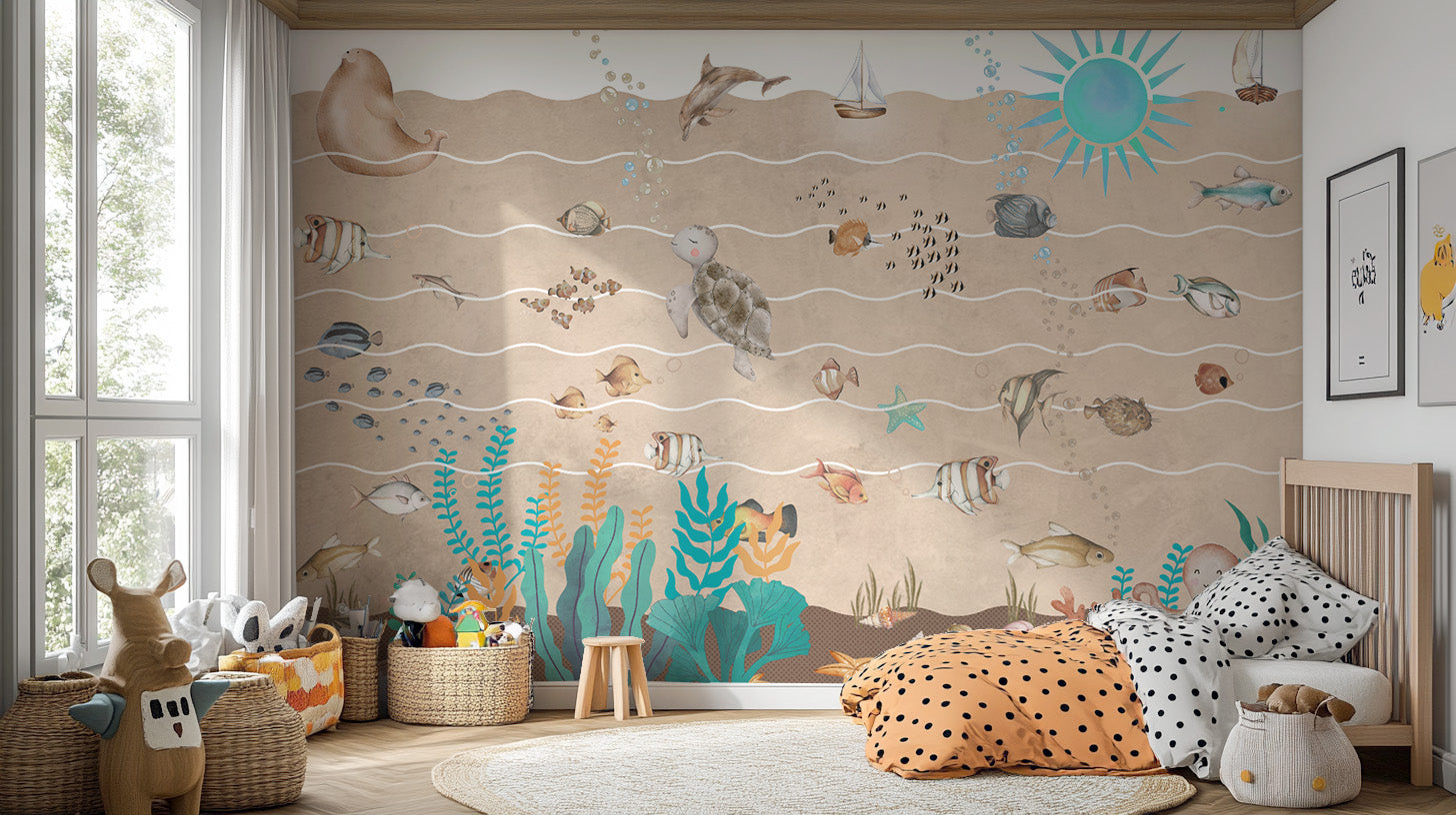 Coral reef wall mural with colorful sea life and bubbles
