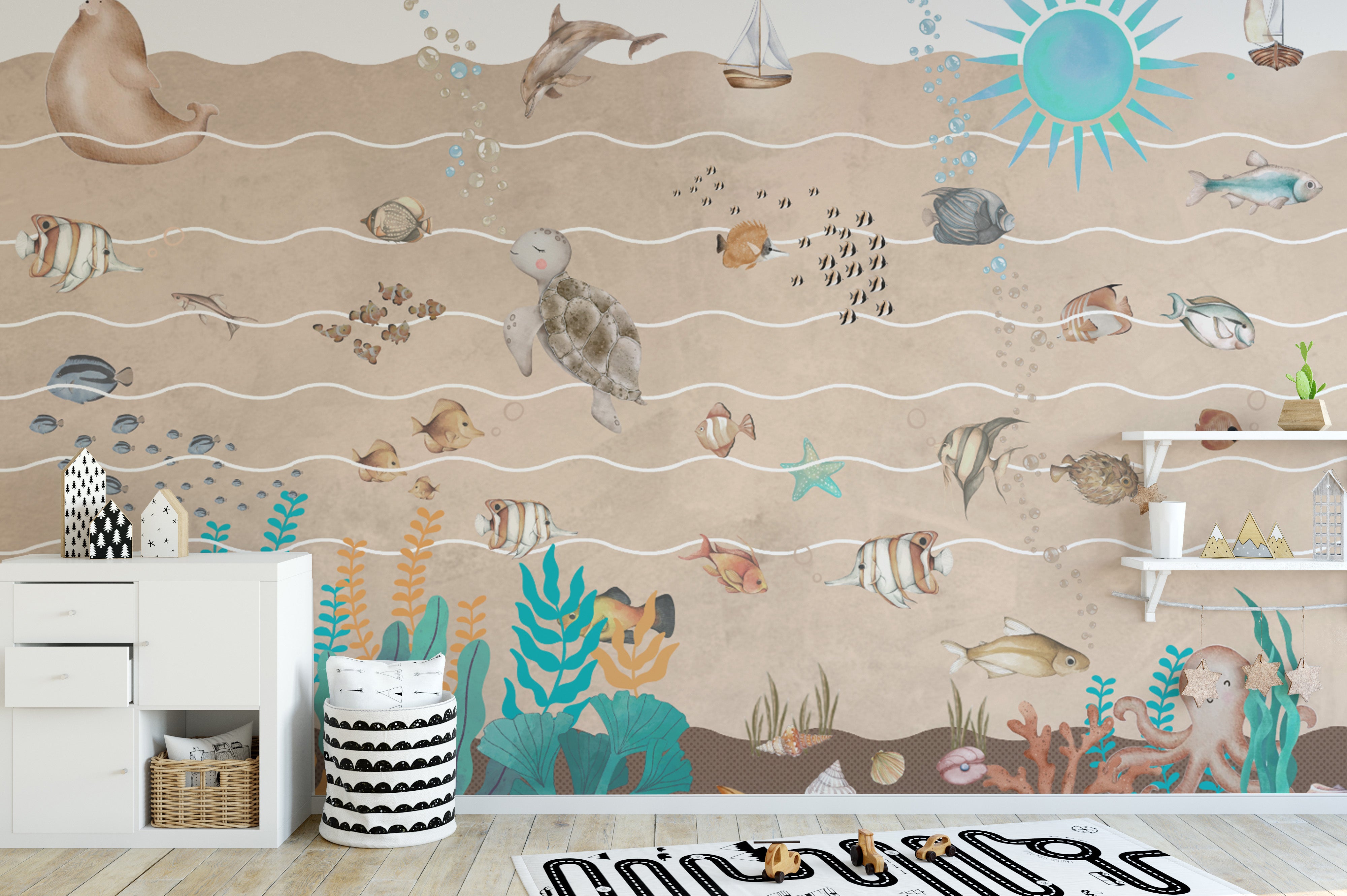 Sea life wall mural with coral reefs and marine animals
