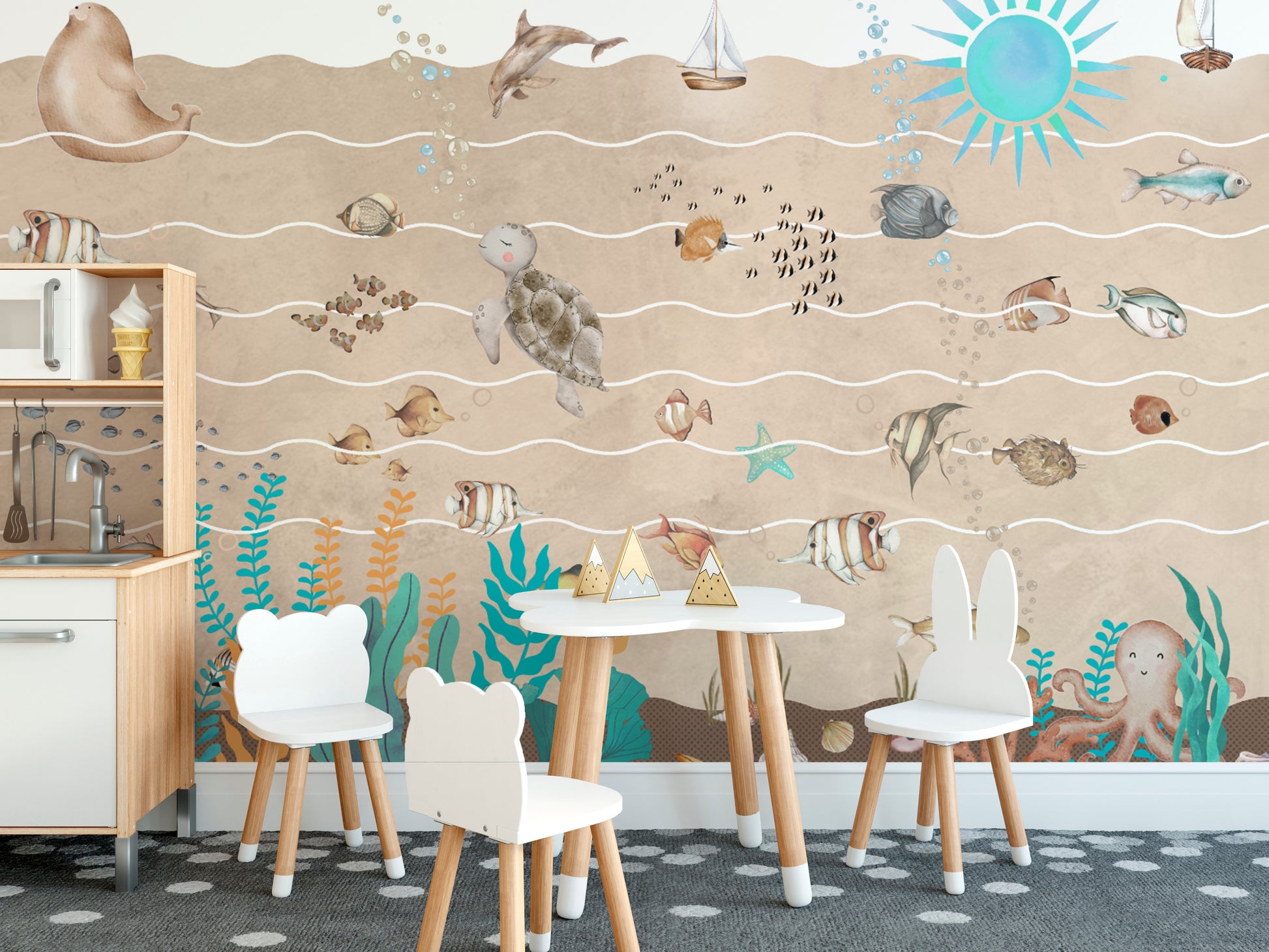 Whimsical underwater wallpaper mural with fish and starfish
