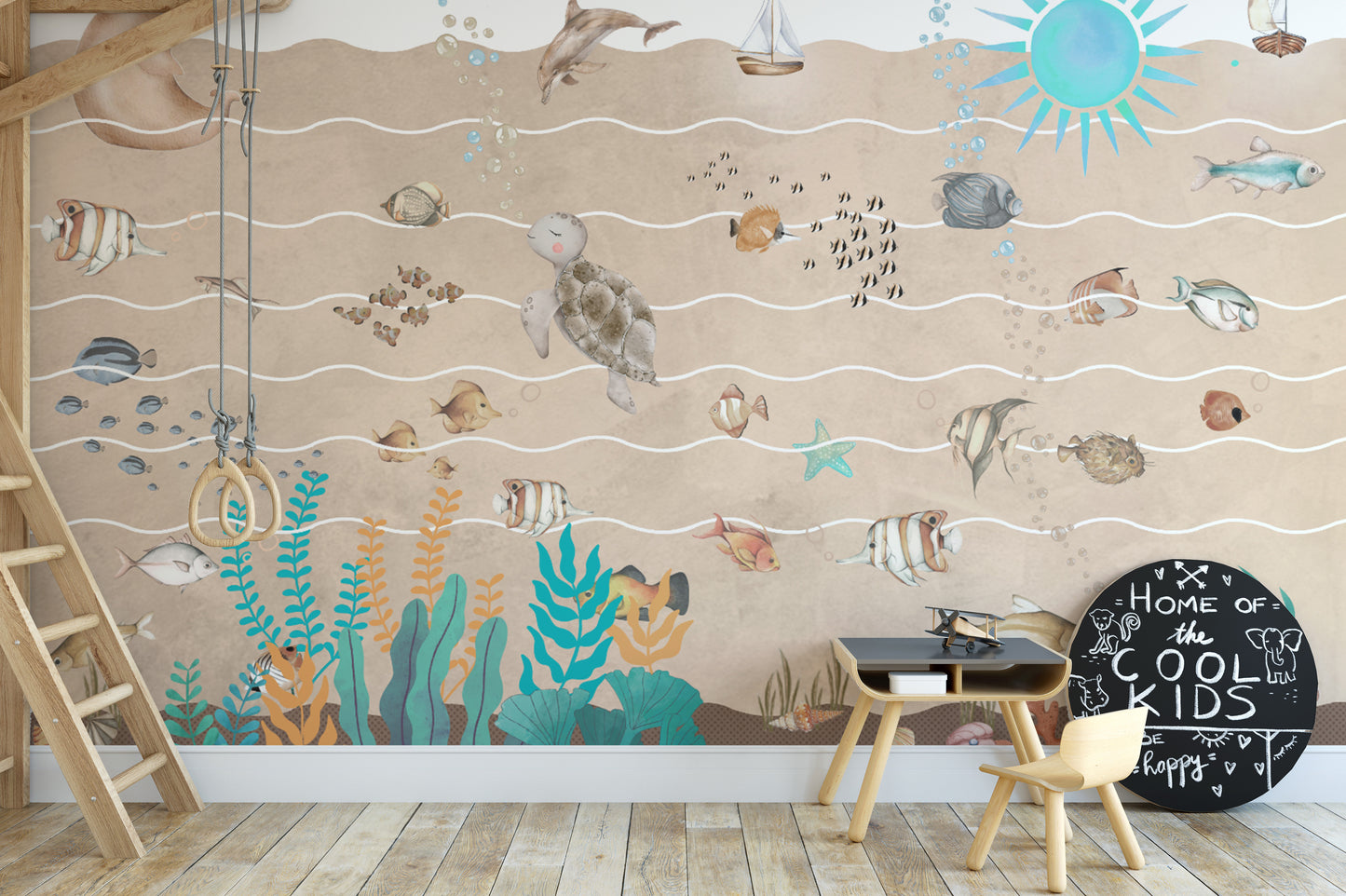 Dolphin and turtle wallpaper for ocean-inspired interiors
