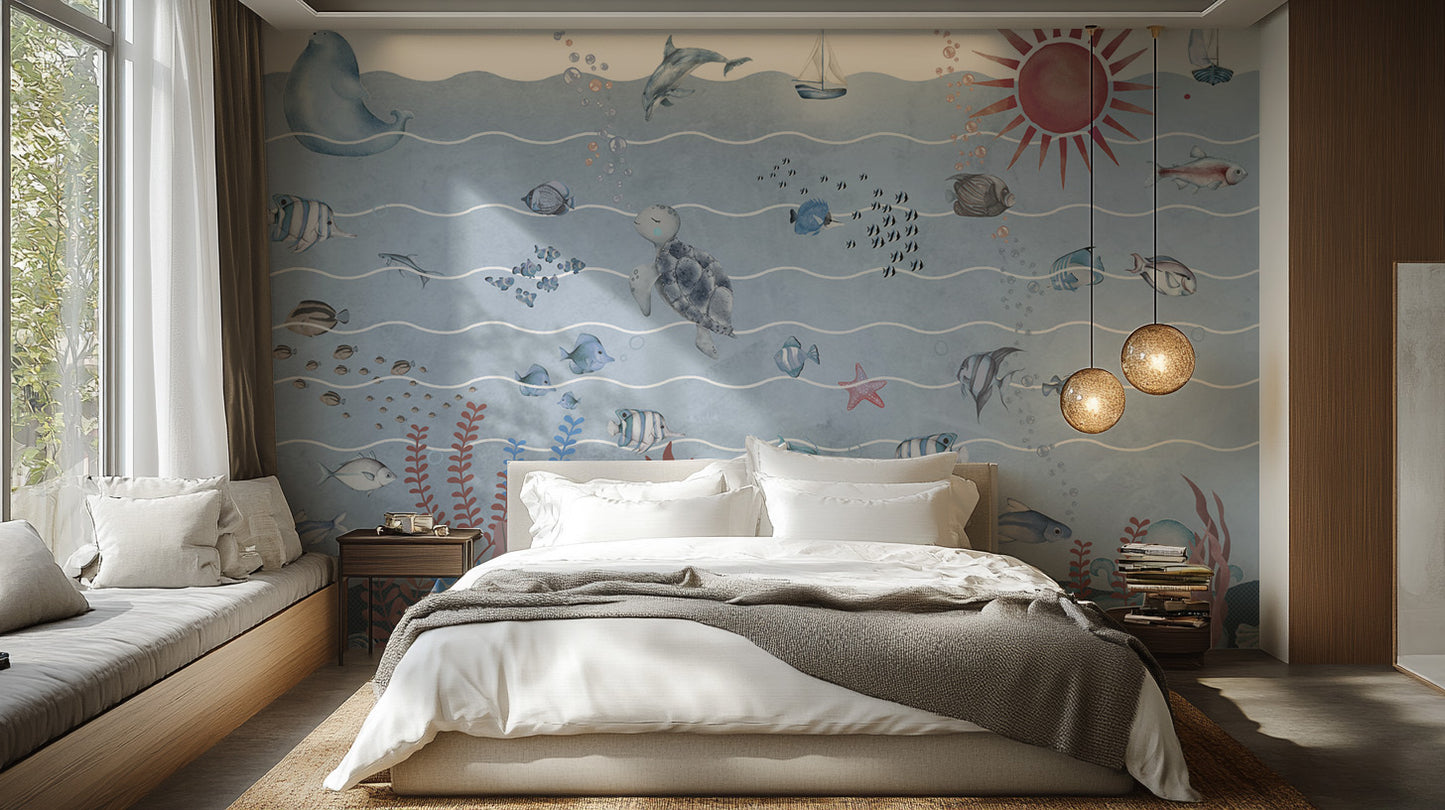 Underwater wallpaper mural with coral reefs and sea animals
