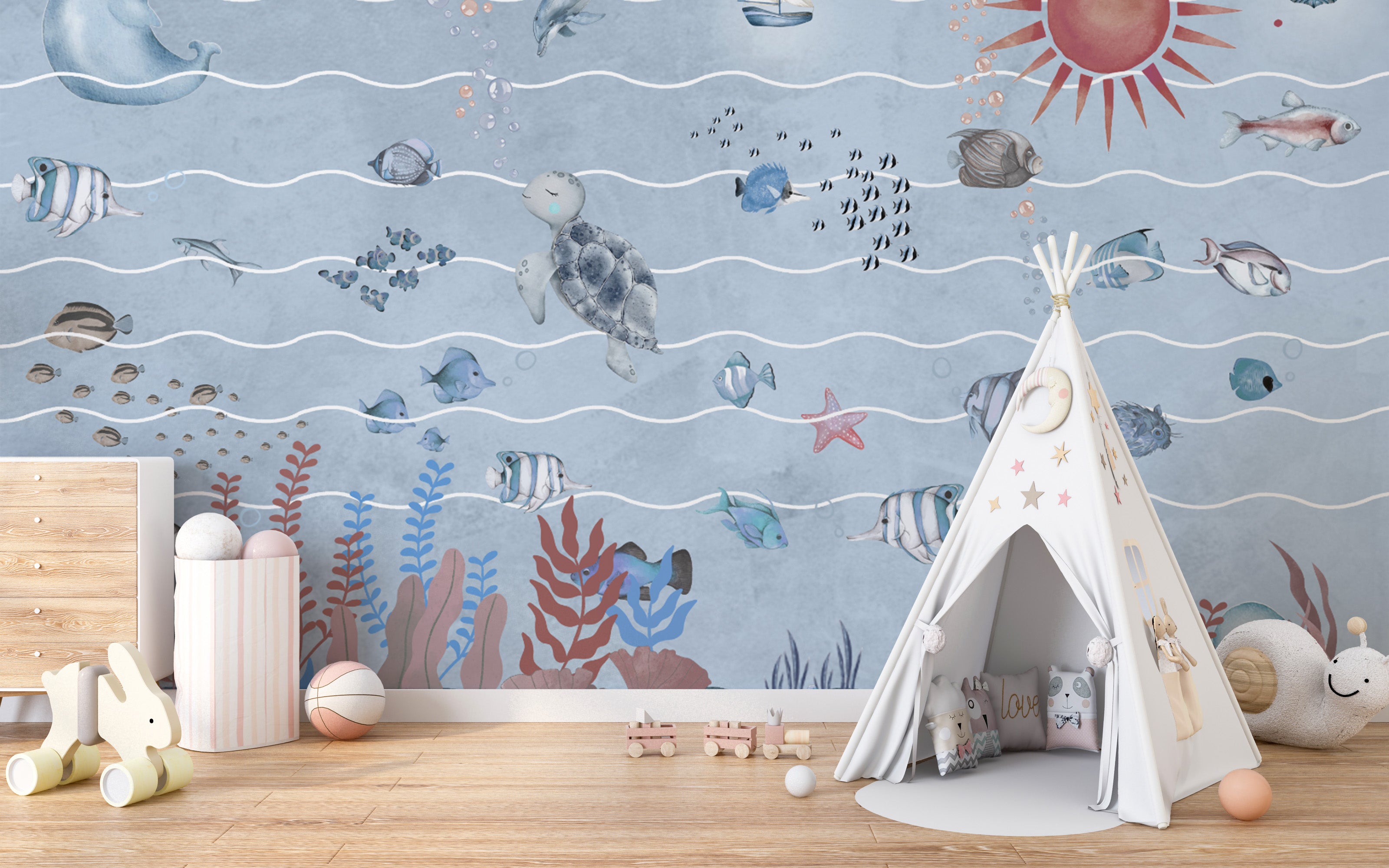 Whimsical underwater marine life mural with sea creatures
