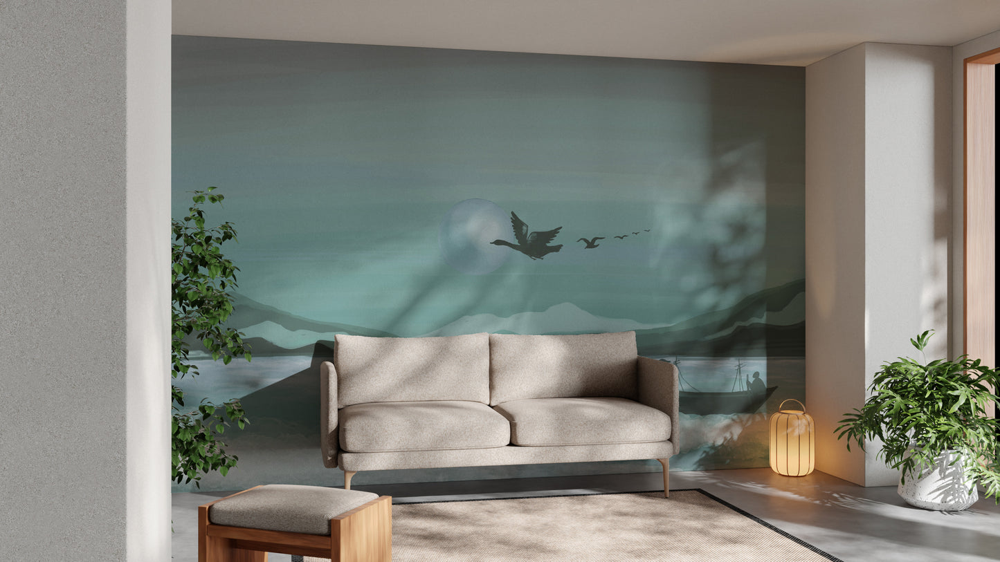 Peaceful seascape wall mural with boat
