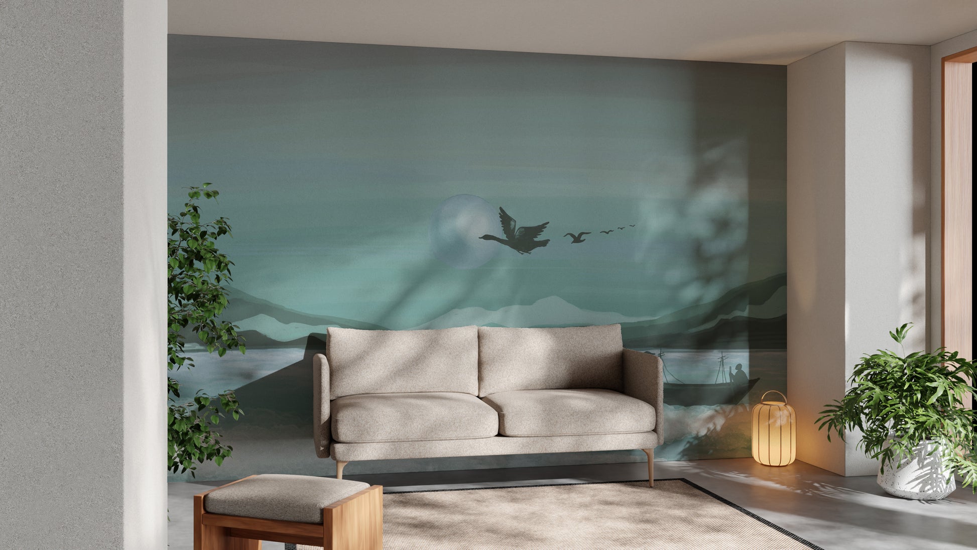 Peaceful seascape wall mural with boat
