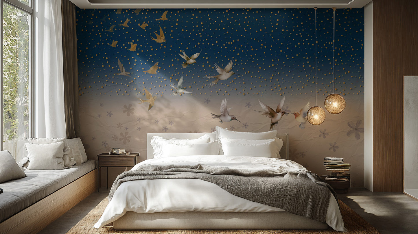 Celestial wallpaper mural with birds and a cosmic theme




