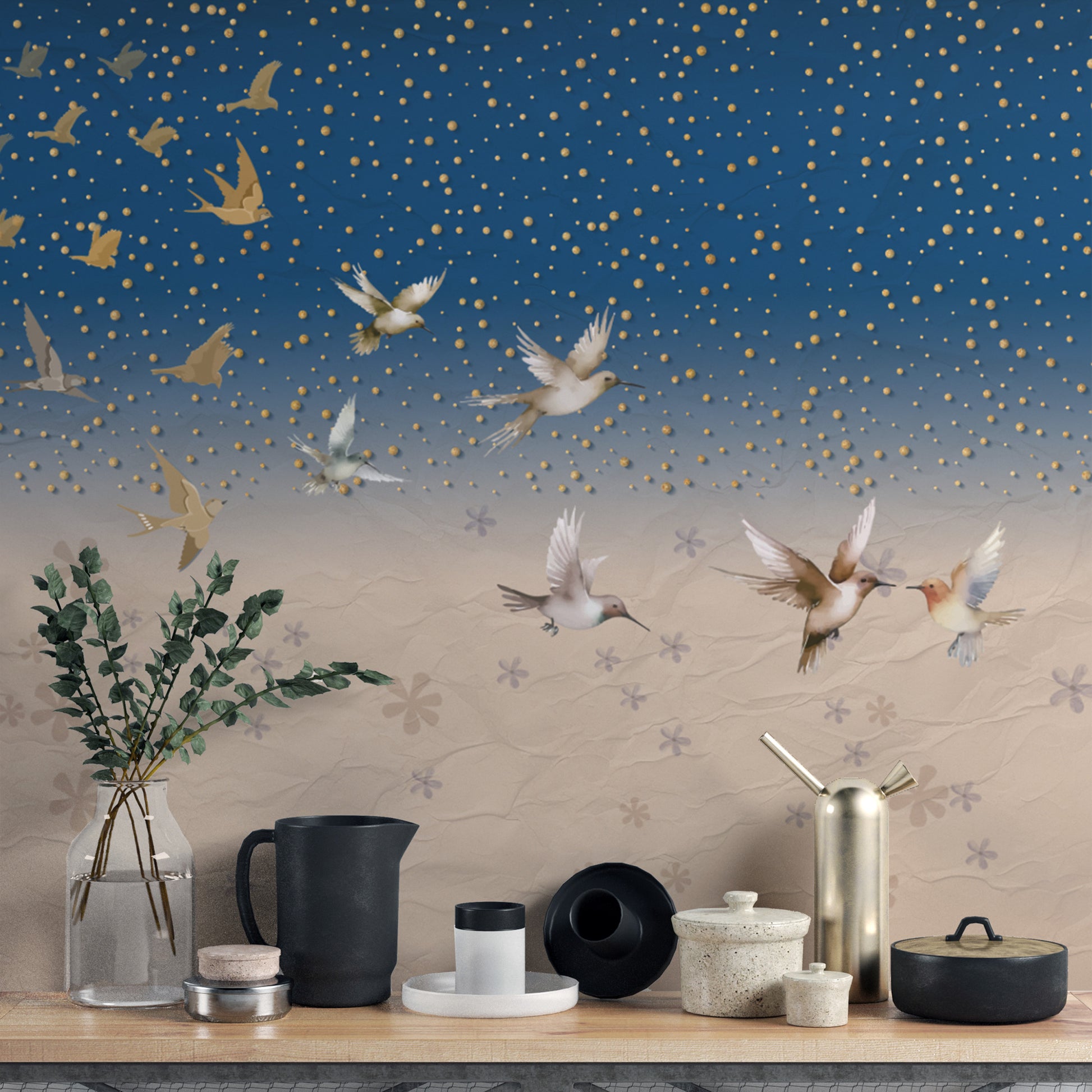 Whimsical night sky wallpaper with soft floral patterns
