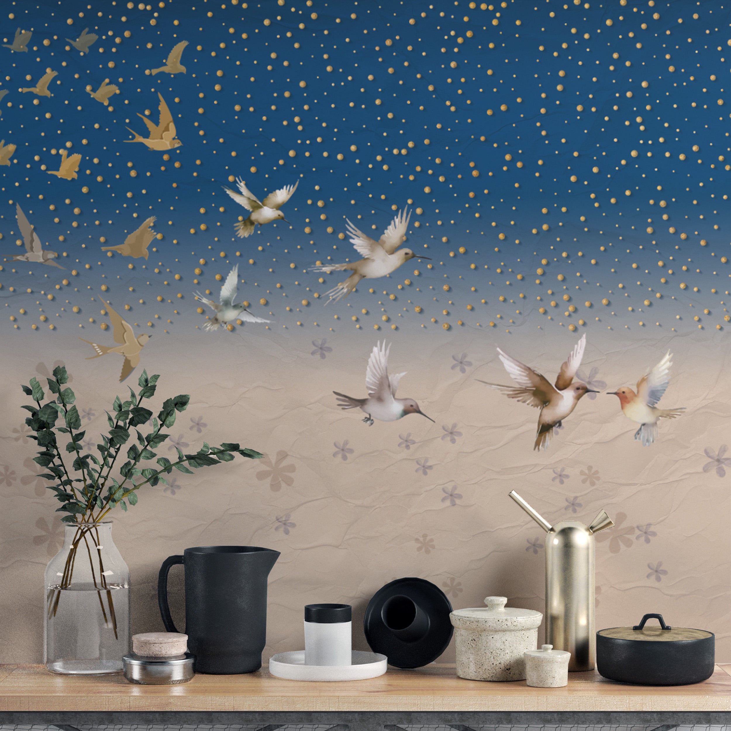 Whimsical night sky wallpaper with soft floral patterns
