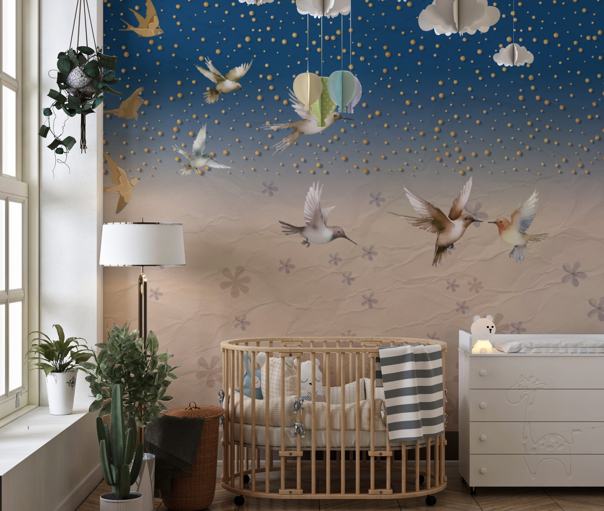 Dreamy starry sky wallpaper with elegant birds in flight
