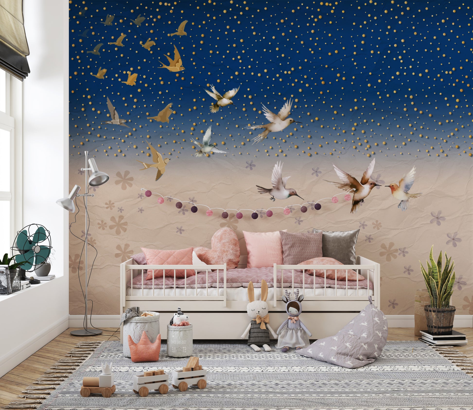 Night sky wallpaper with golden stars and graceful birds
