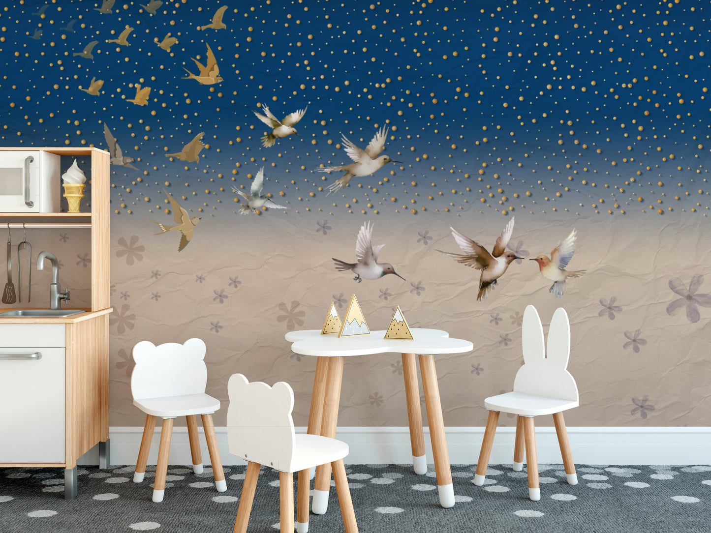 Blue and beige wallpaper featuring birds and cosmic charm
