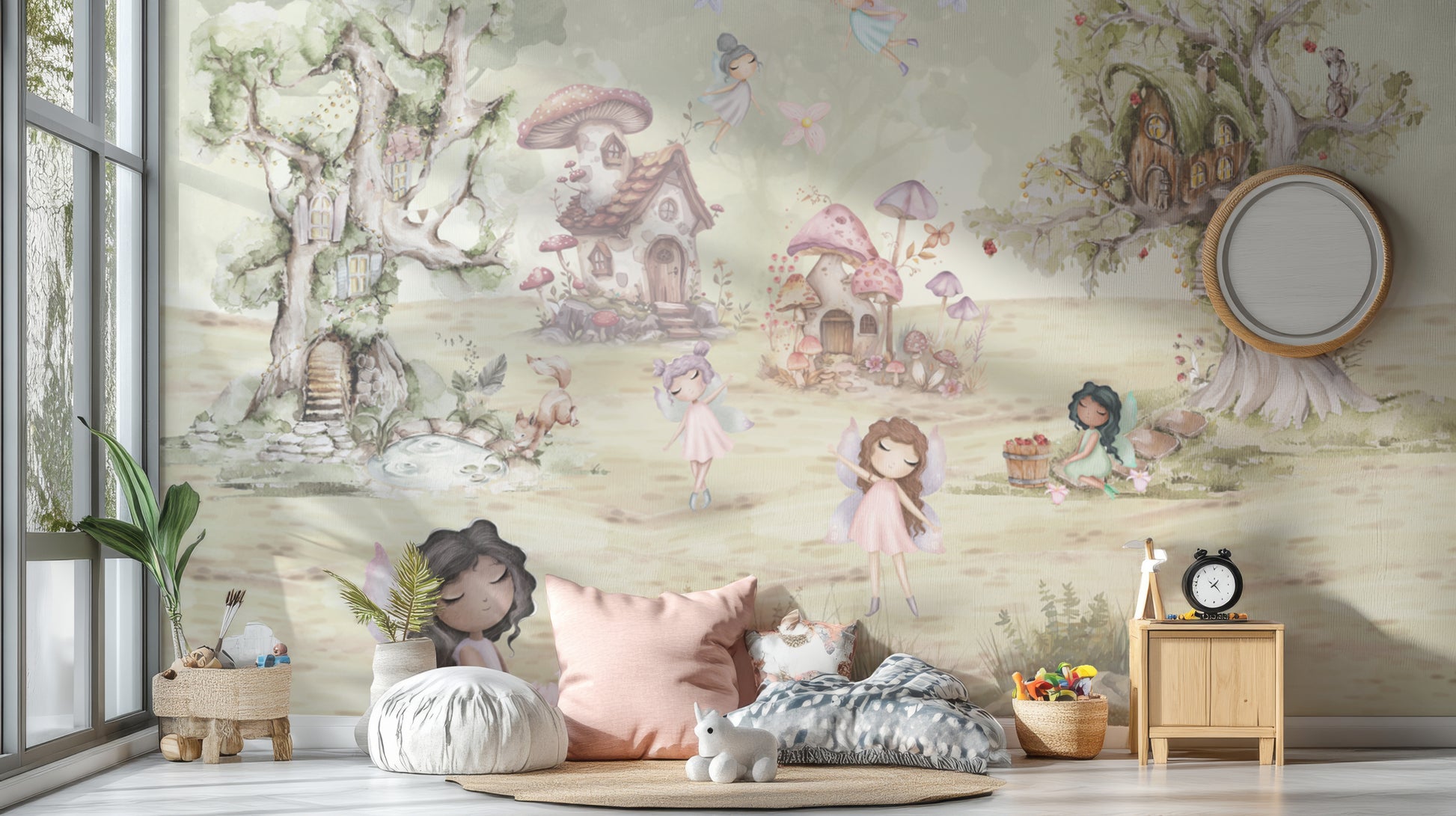 Fantasy woodland fairies wallpaper with hand-painted details
