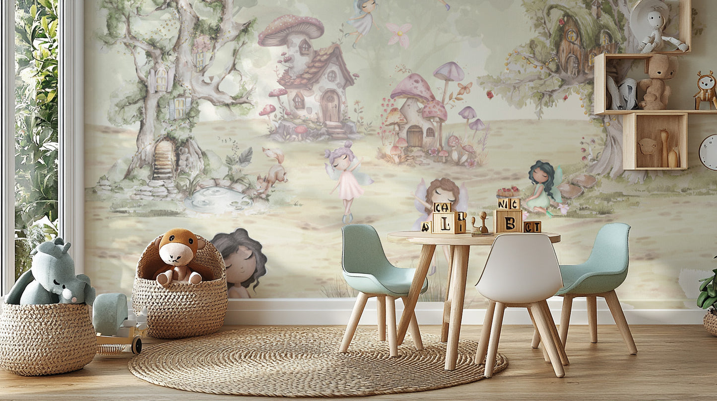 Enchanted forest wallpaper with magical fairy houses
