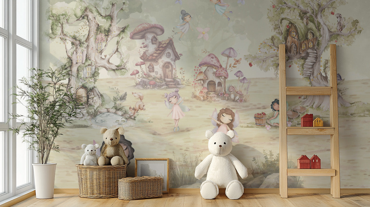 Dreamy fairies and mushroom village kids room wallpaper
