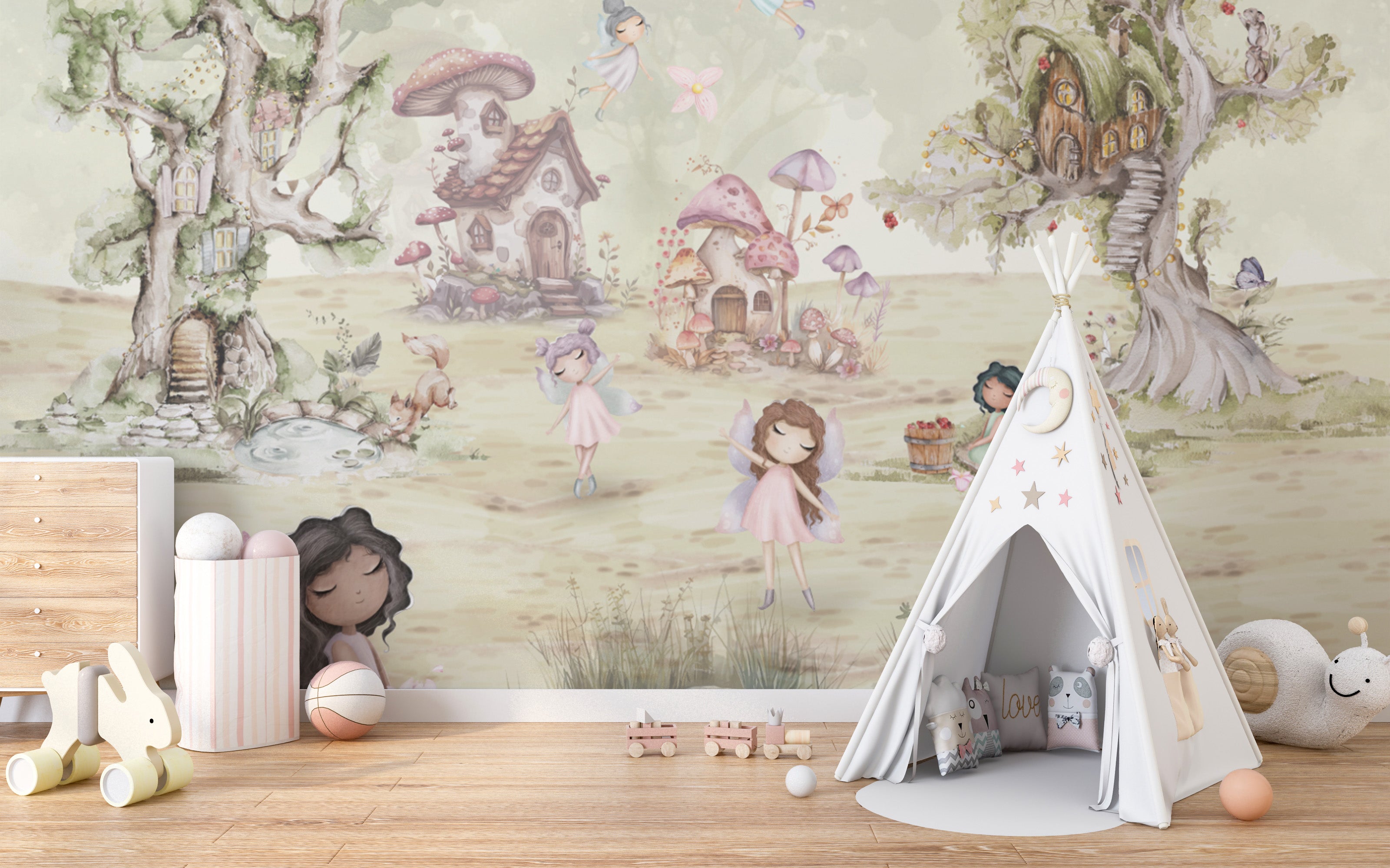 Mystical fairies and woodland creatures wallpaper mural
