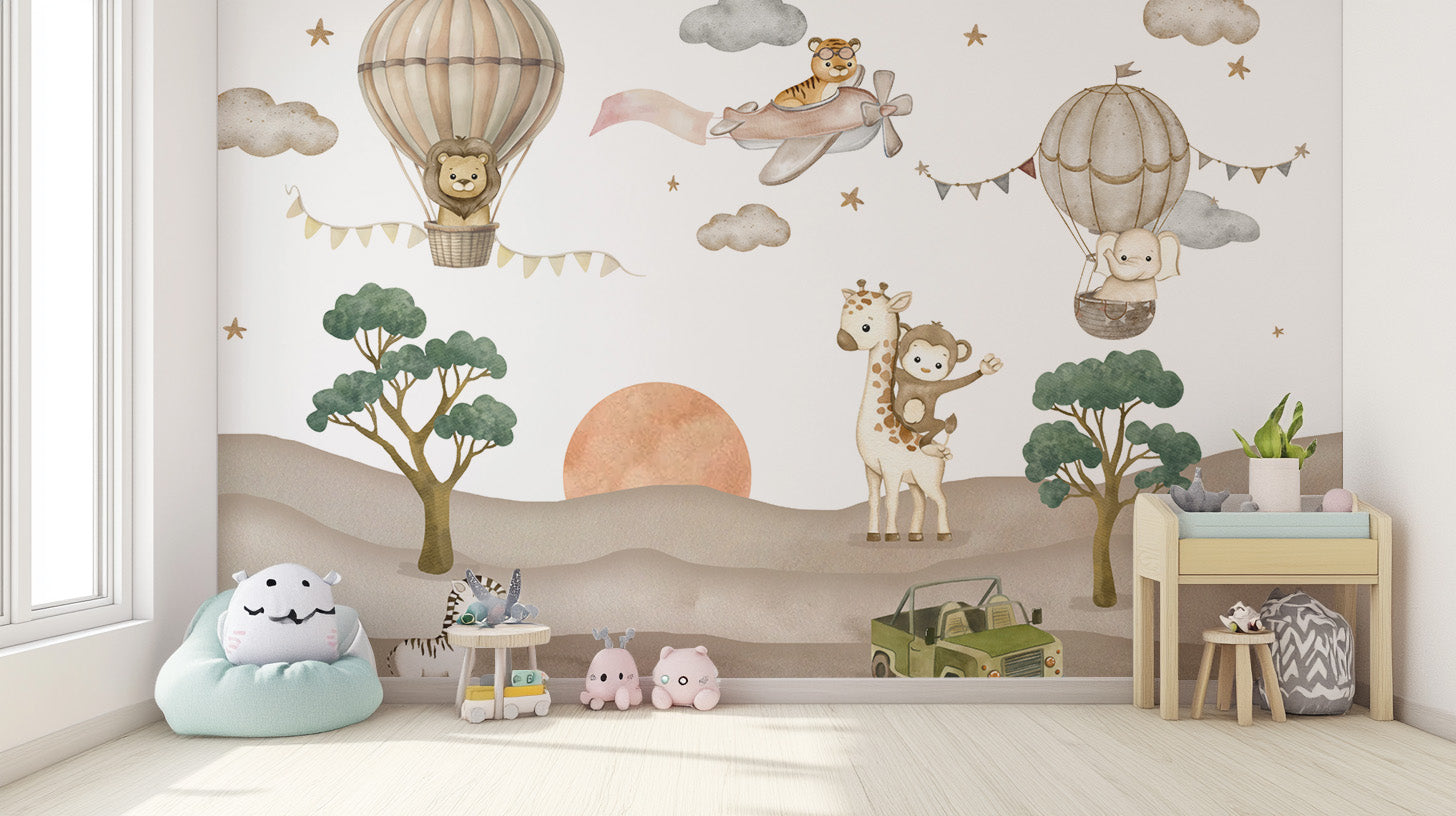 Cute jungle creatures flying in hot air balloons wallpaper
