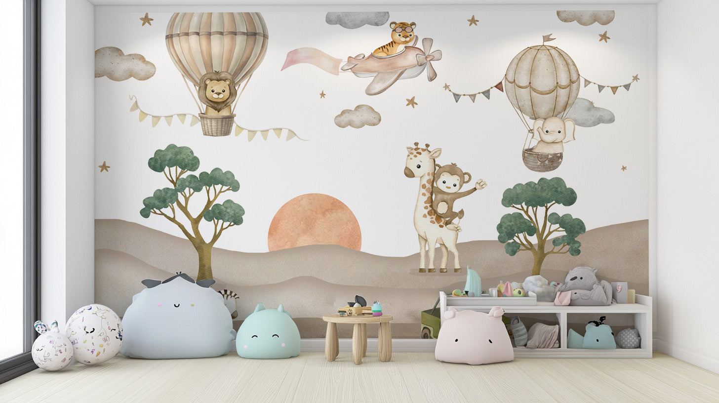 Safari-themed nursery wallpaper with soft earthy colors




