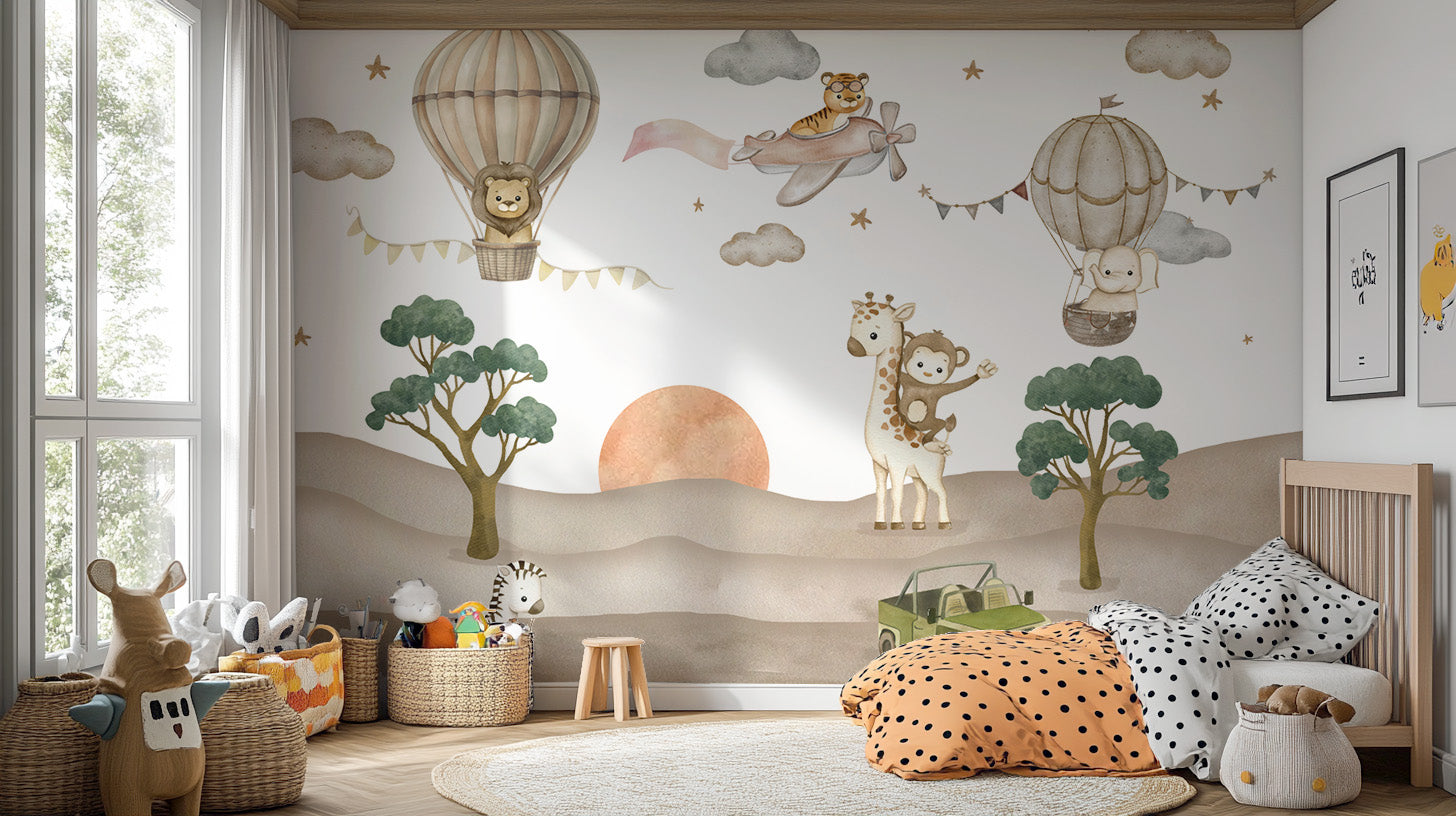 Dreamy safari adventure wallpaper with flying animals
