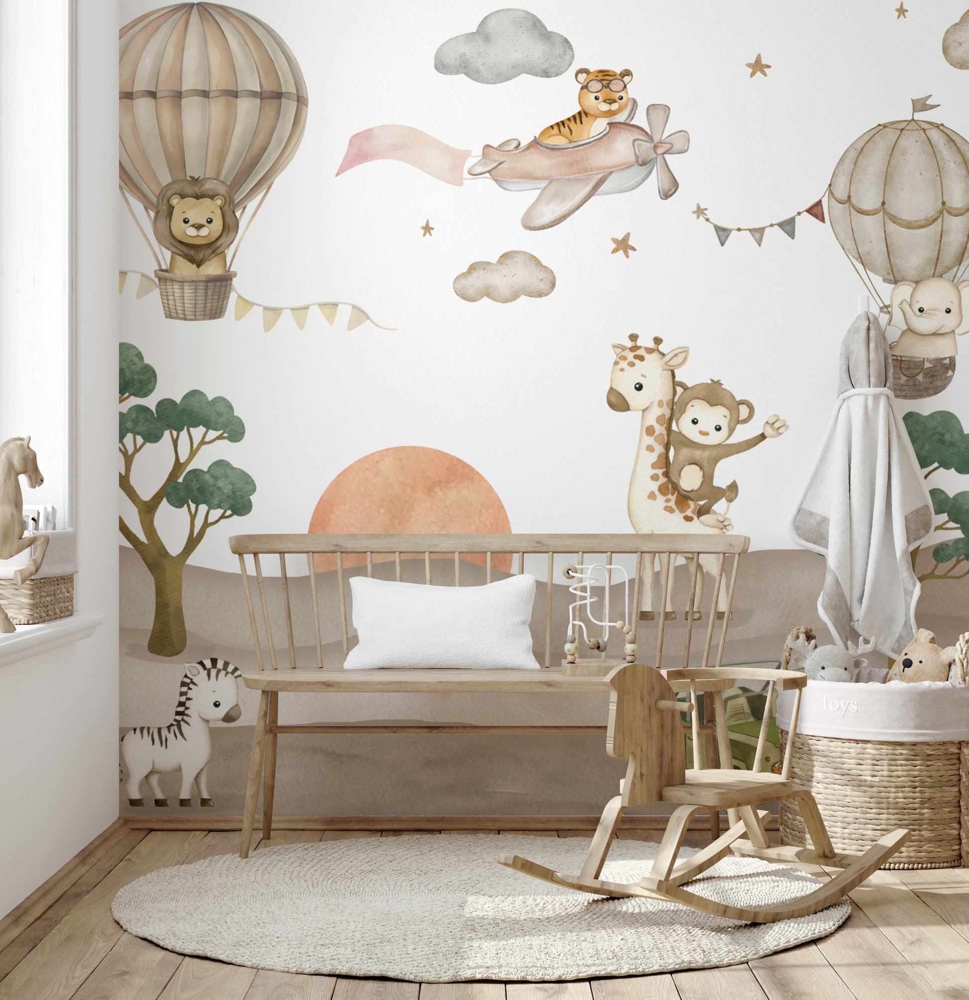 Whimsical safari adventure wallpaper with cute jungle animals
