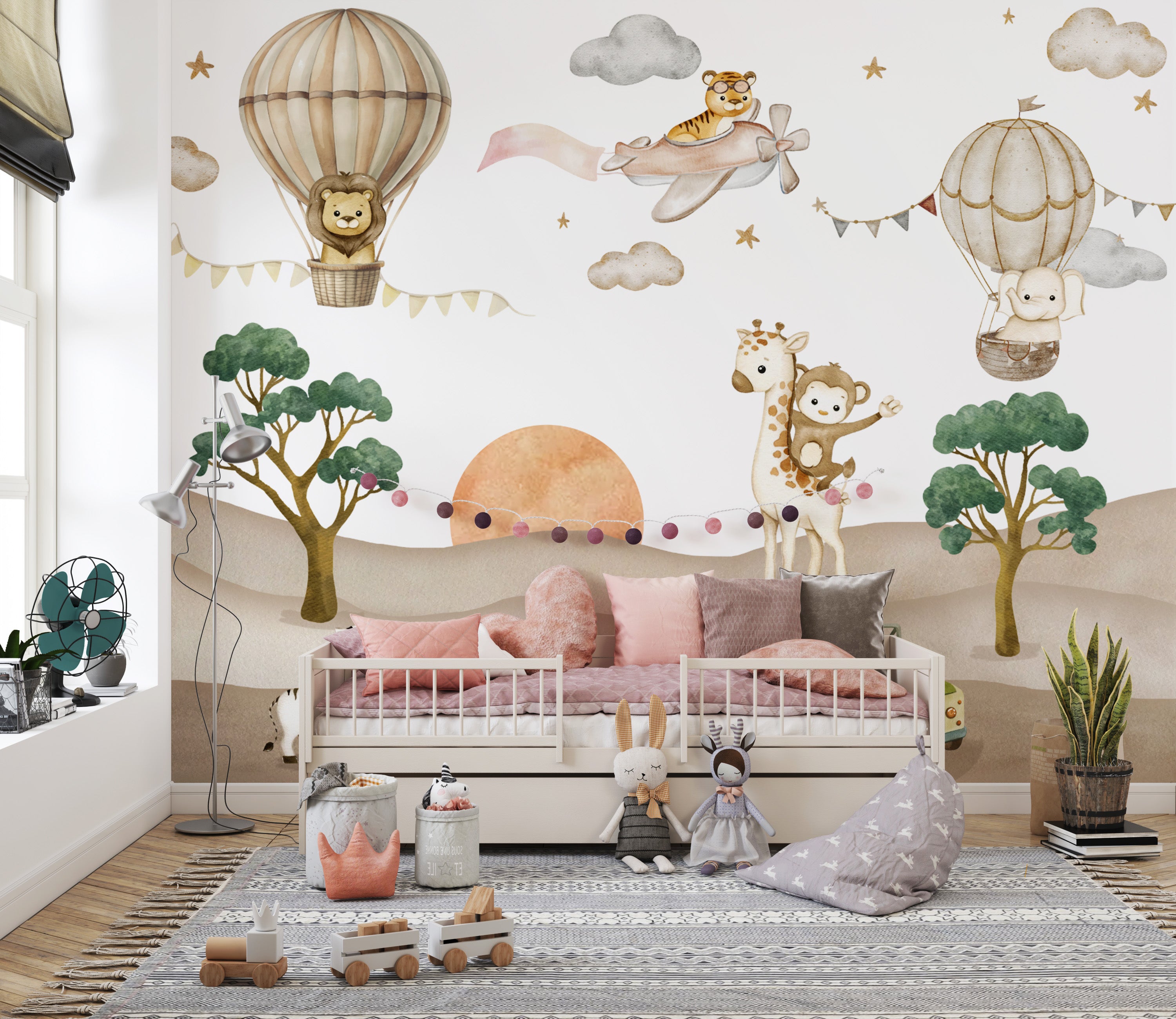 Safari nursery wallpaper with hot air balloons and airplanes
