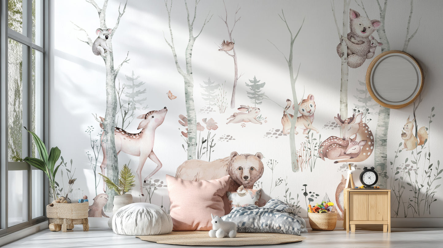 Fox and deer woodland wallpaper for nursery walls
