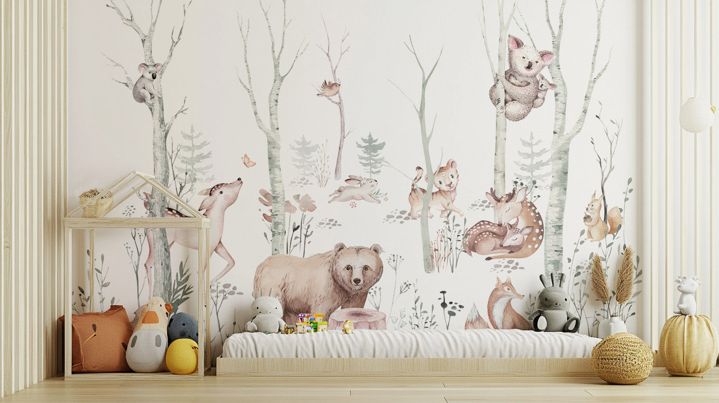 Scenic watercolor woodland animal wallpaper mural
