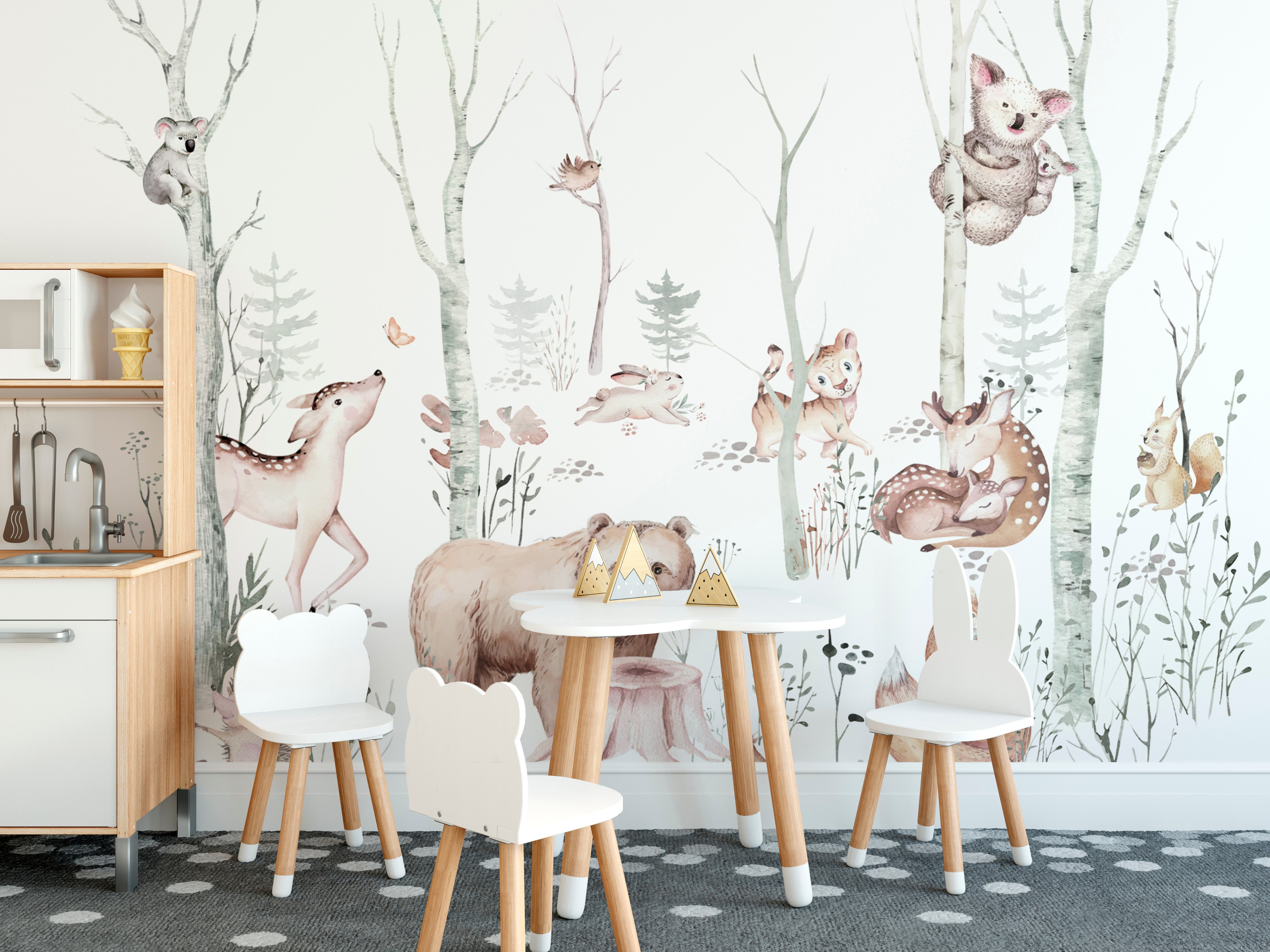 Cute forest animal nursery wallpaper in watercolor style
