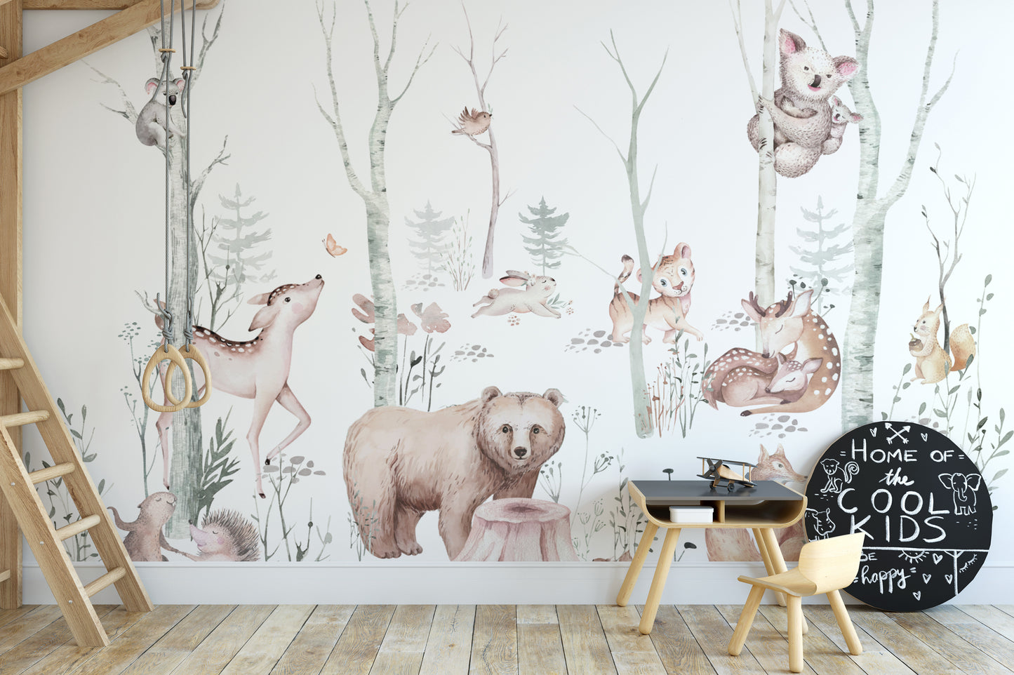 Woodland bear and deer wallpaper mural for kids' rooms
