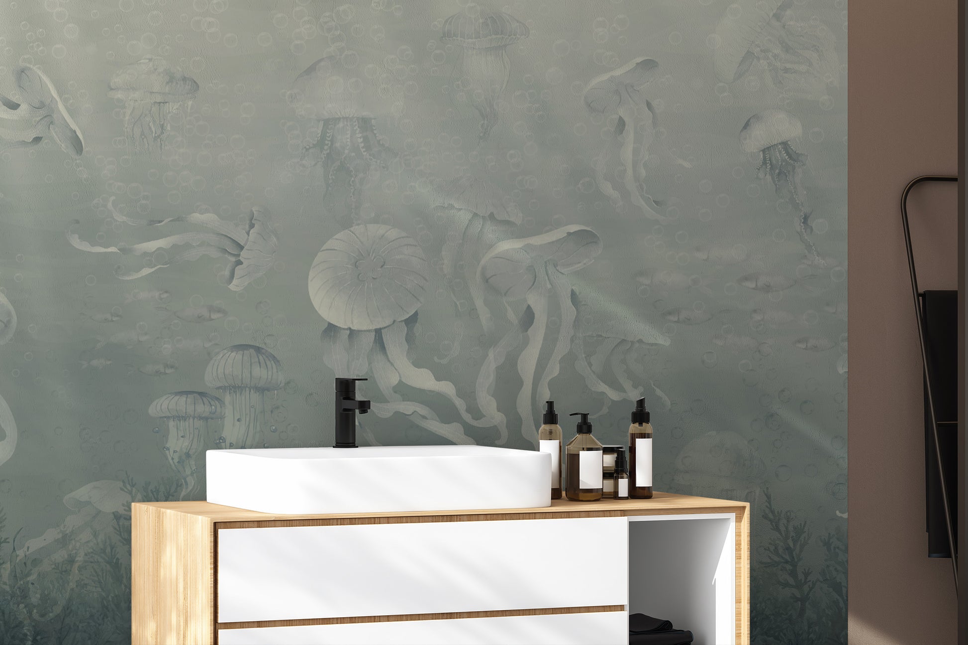 Deep sea ocean wallpaper mural with elegant jellyfish
