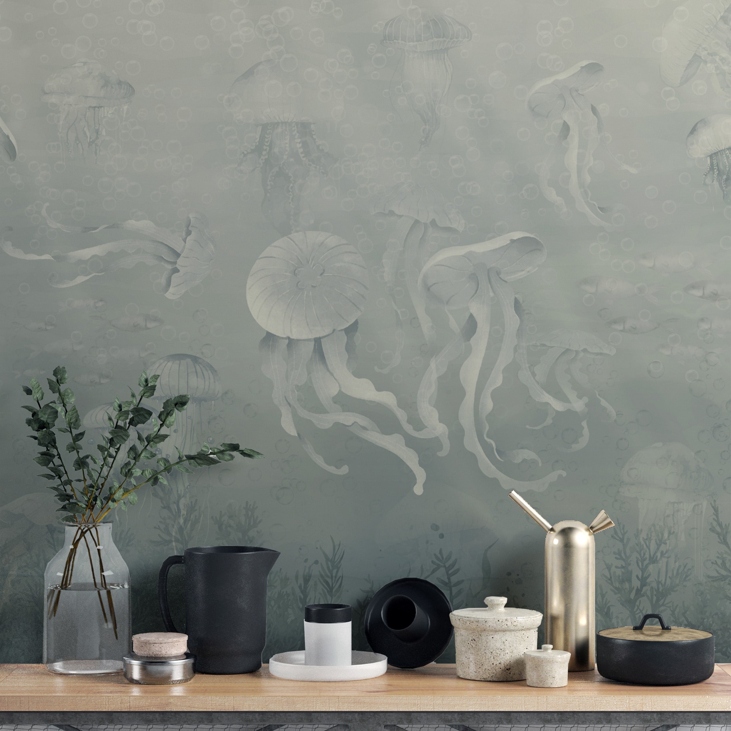 Hand-painted deep sea jellyfish wallpaper for walls
