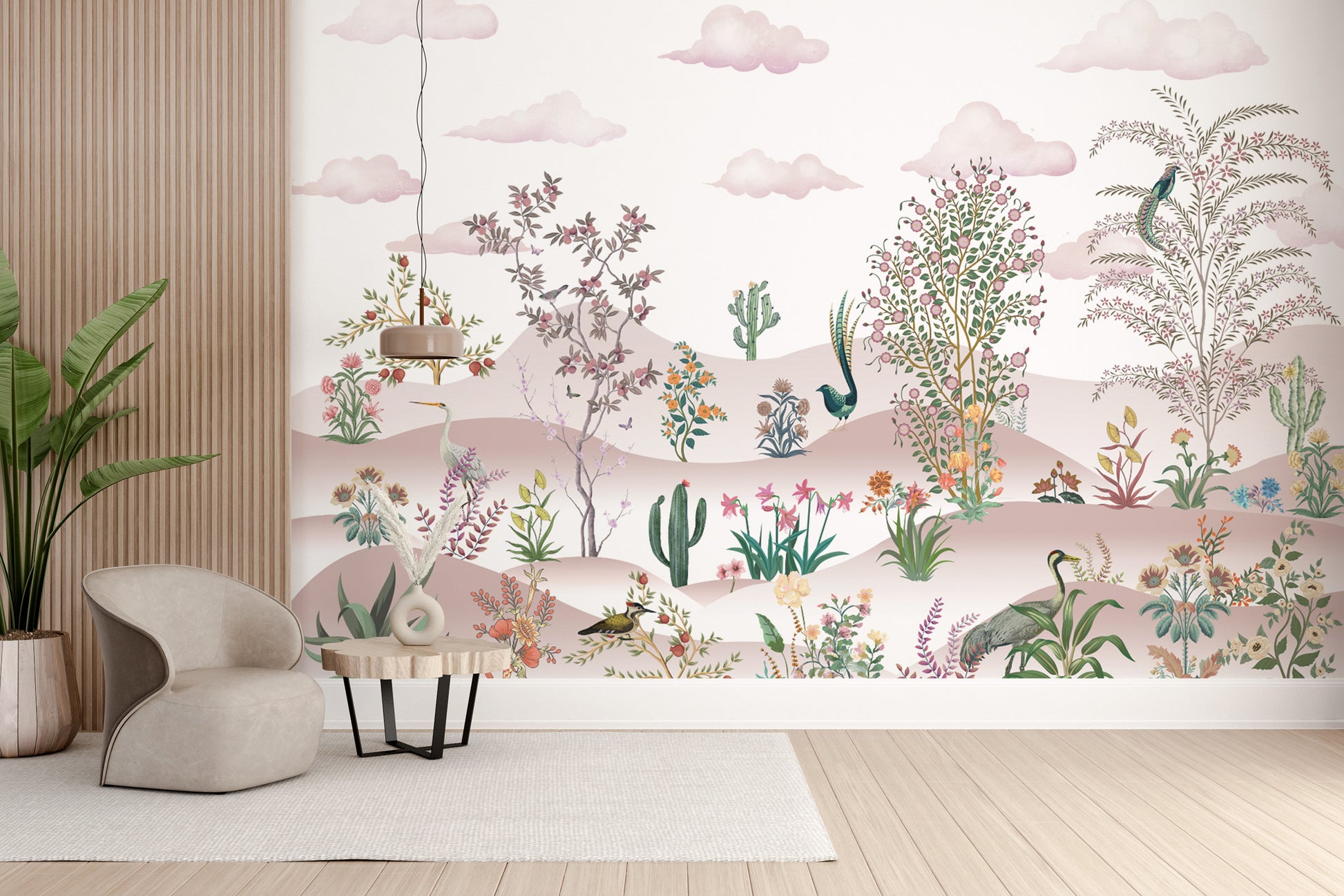 Hand-painted botanical wallpaper featuring cacti and birds
