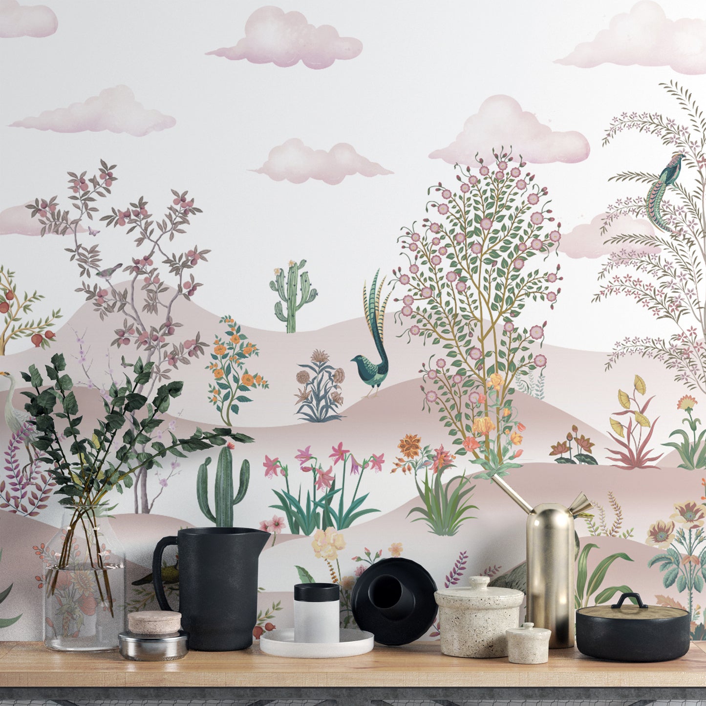 Desert-inspired floral and fauna wall mural in soft tones
