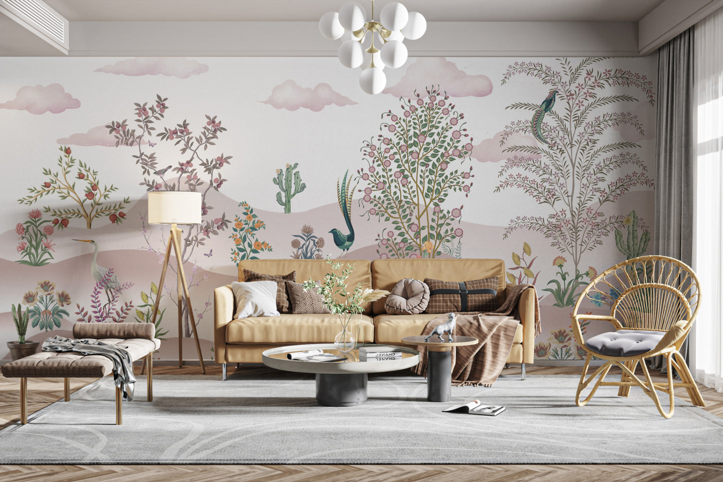 Pastel nature wallpaper mural with desert flora and birds




