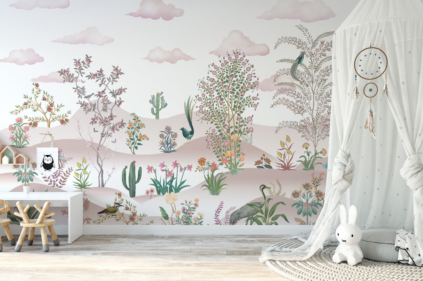 Elegant floral and fauna wallpaper in soft pastel hues
