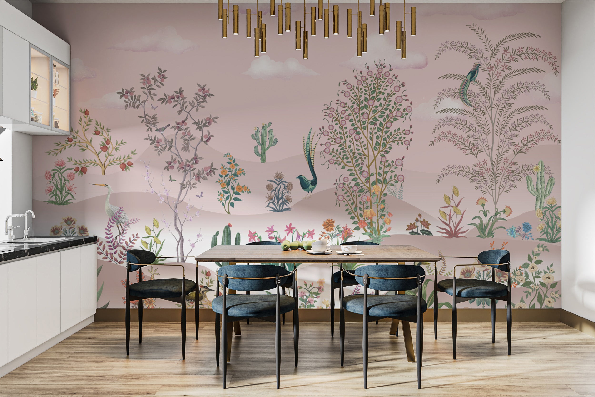 Hand-painted botanical wallpaper with pink background
