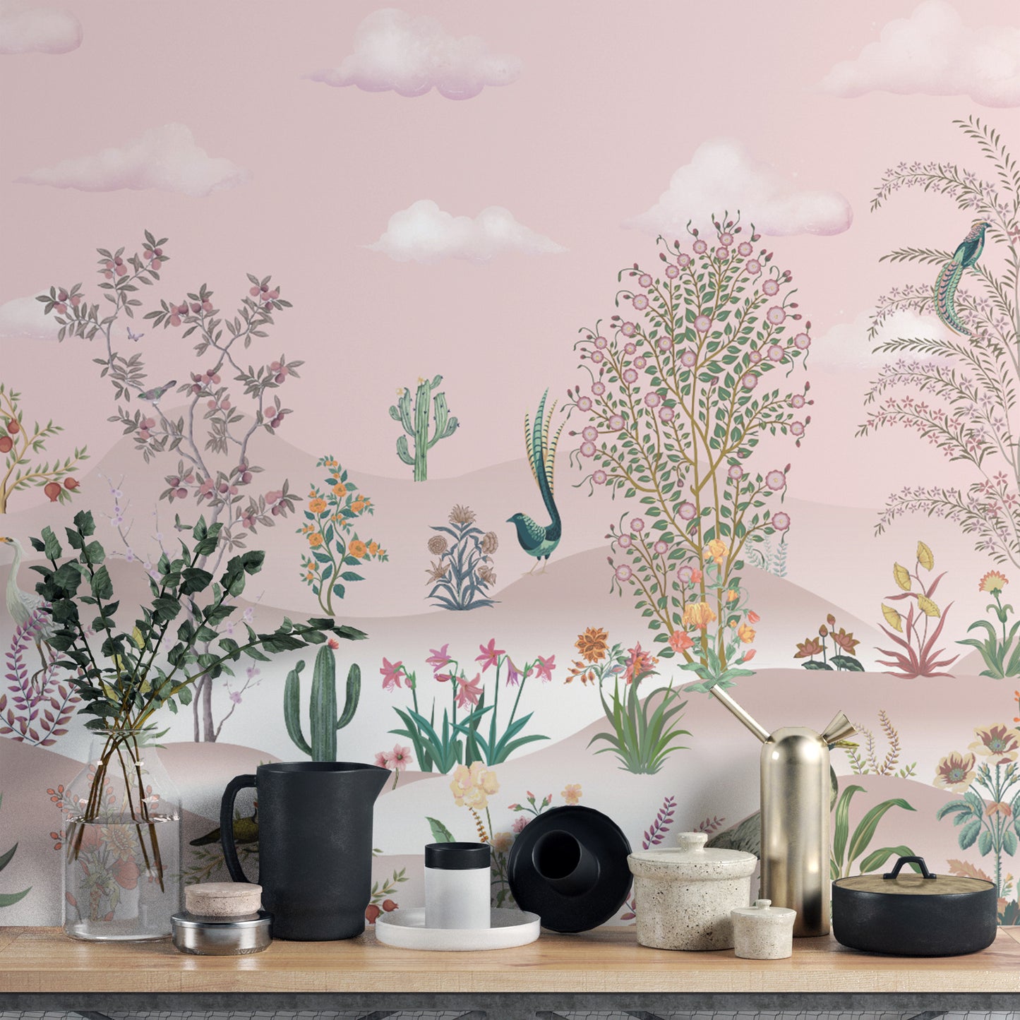 Pink vintage desert botanical wallpaper with floral details
