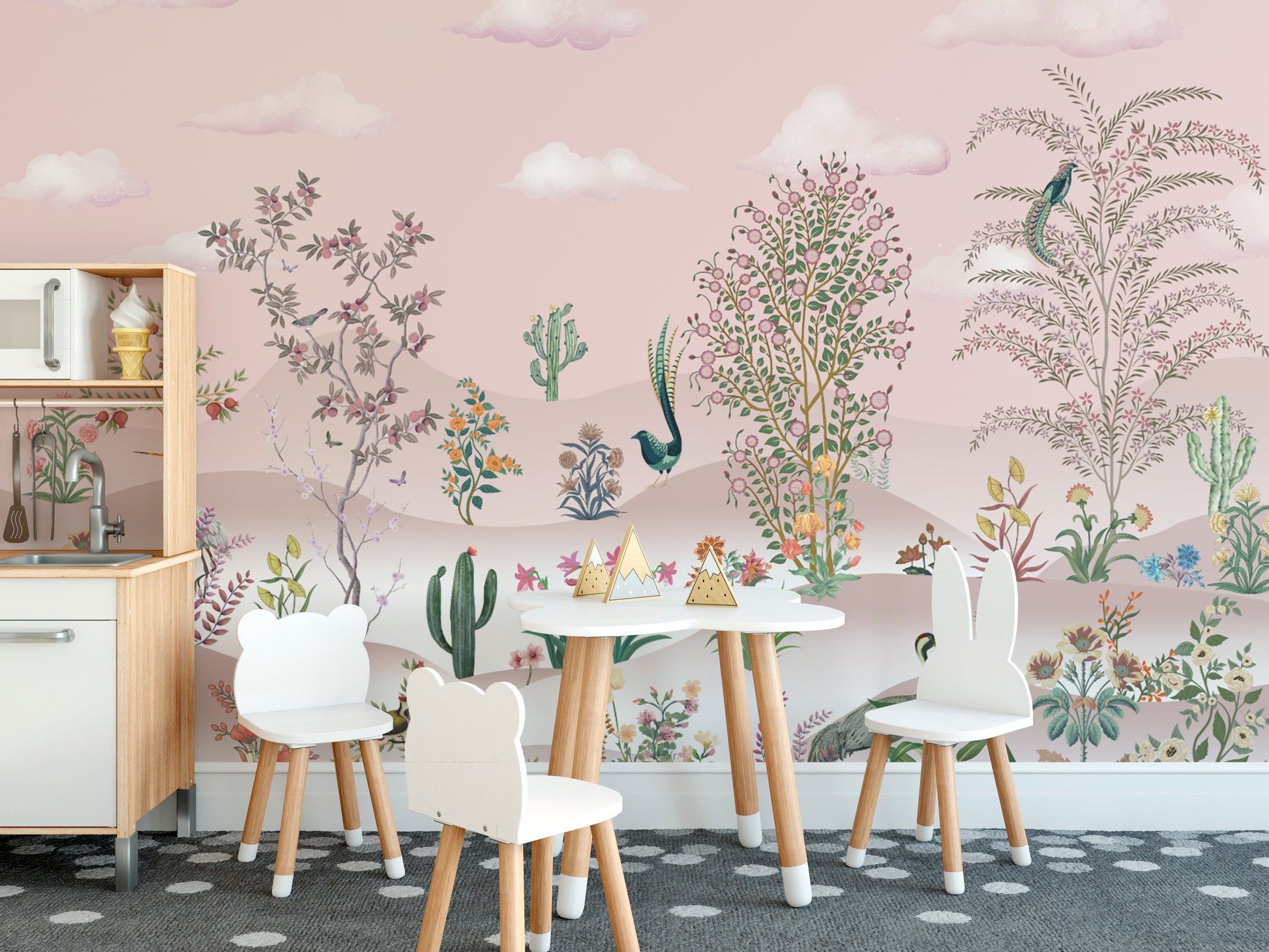 Nature-inspired botanical wallpaper with desert landscape
