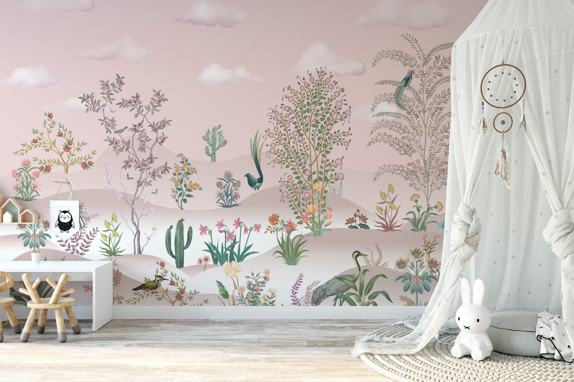 Soft pink desert wallpaper mural with vintage charm
