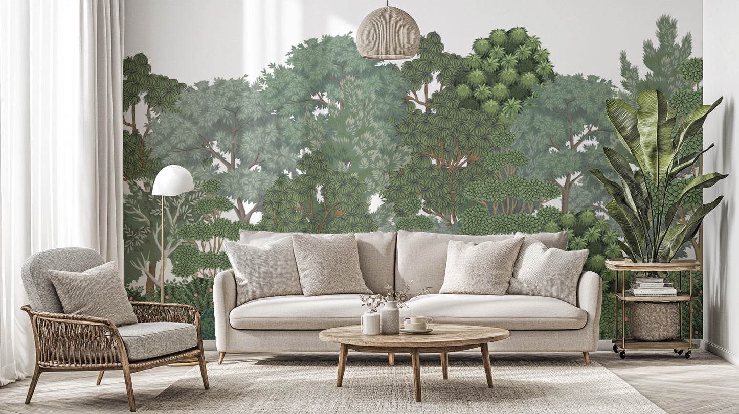 Scenic botanical wall mural with layered foliage
