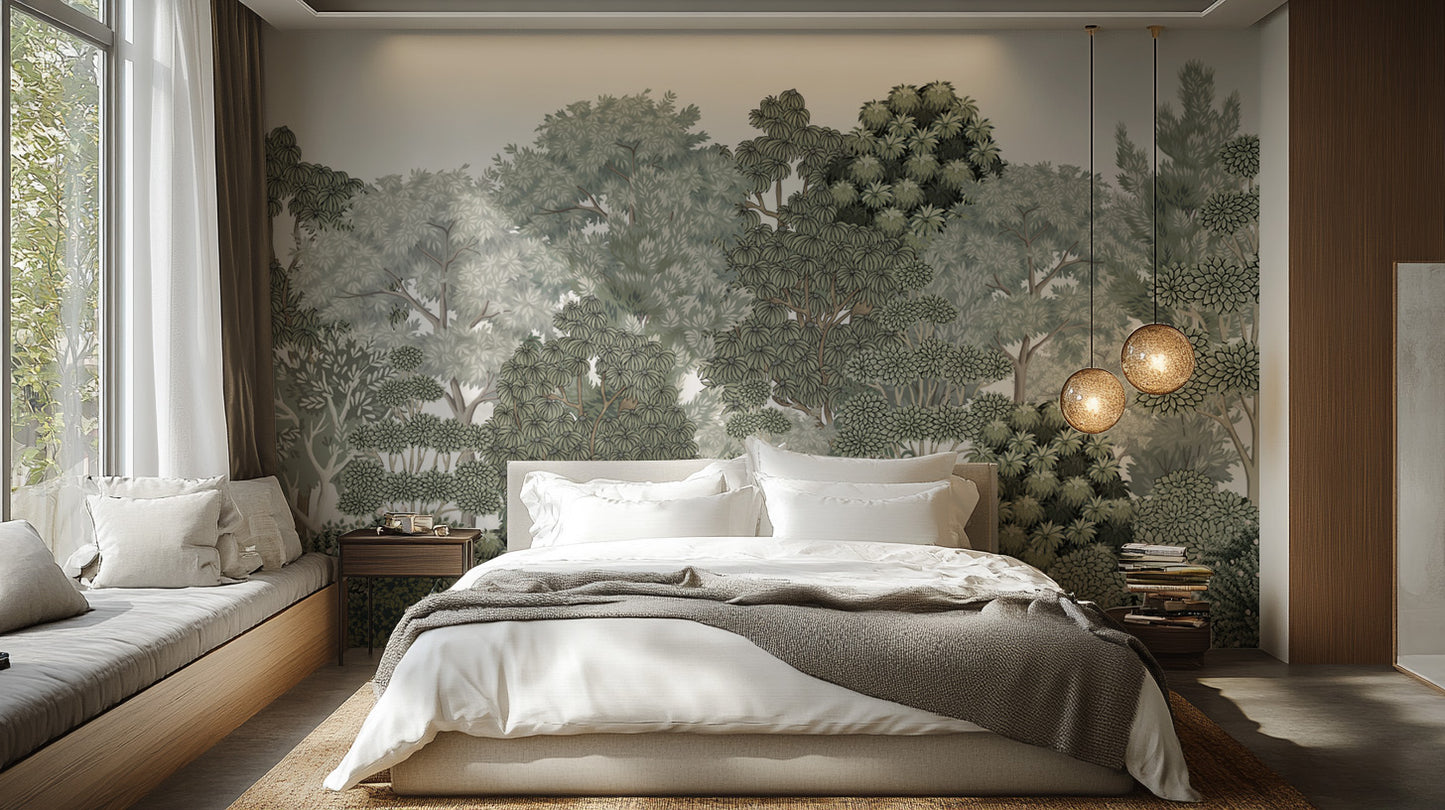 Lush Botanical Forest Wallpaper Mural in green tones
