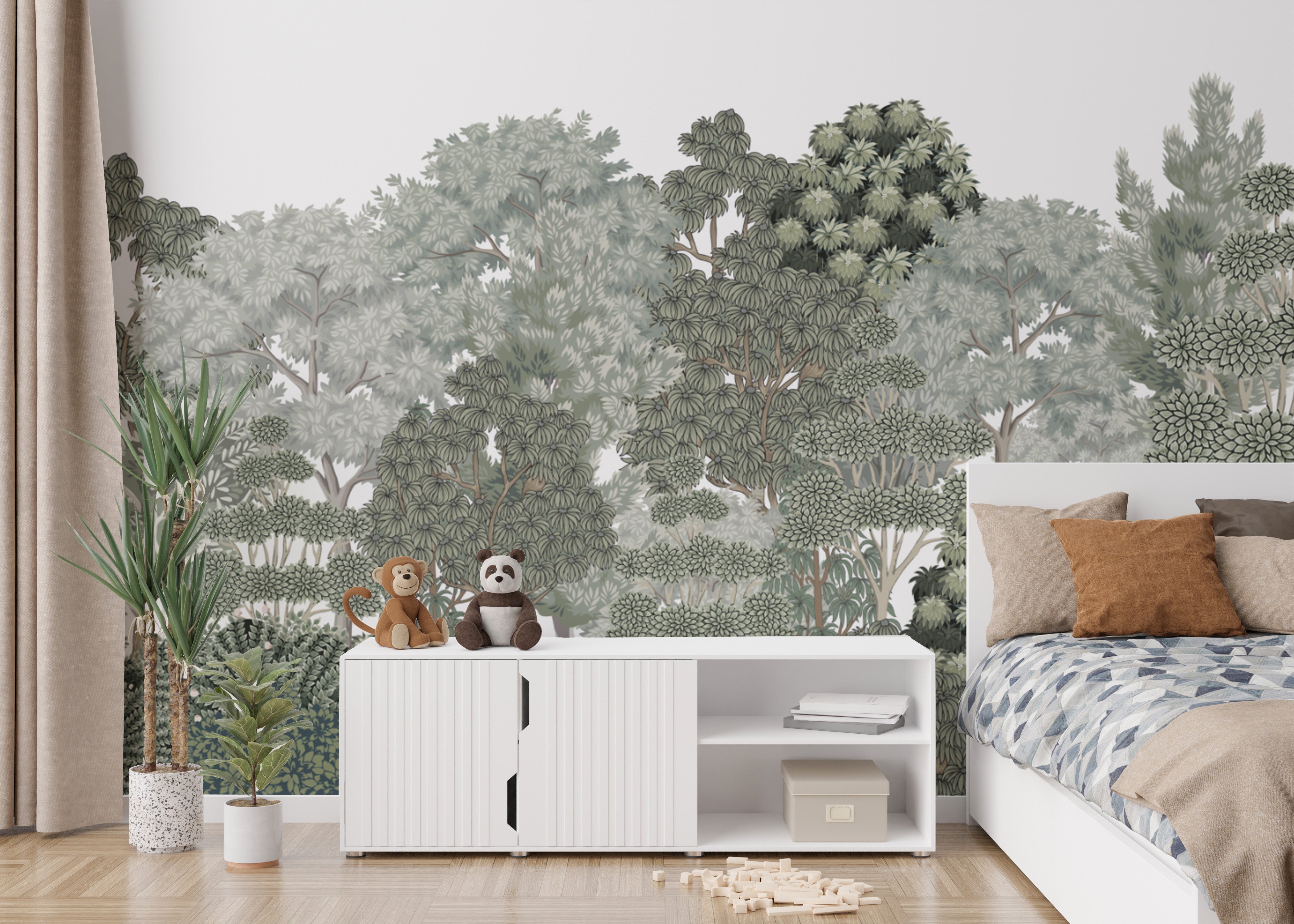 Botanical forest wallpaper with hand-drawn tree elements
